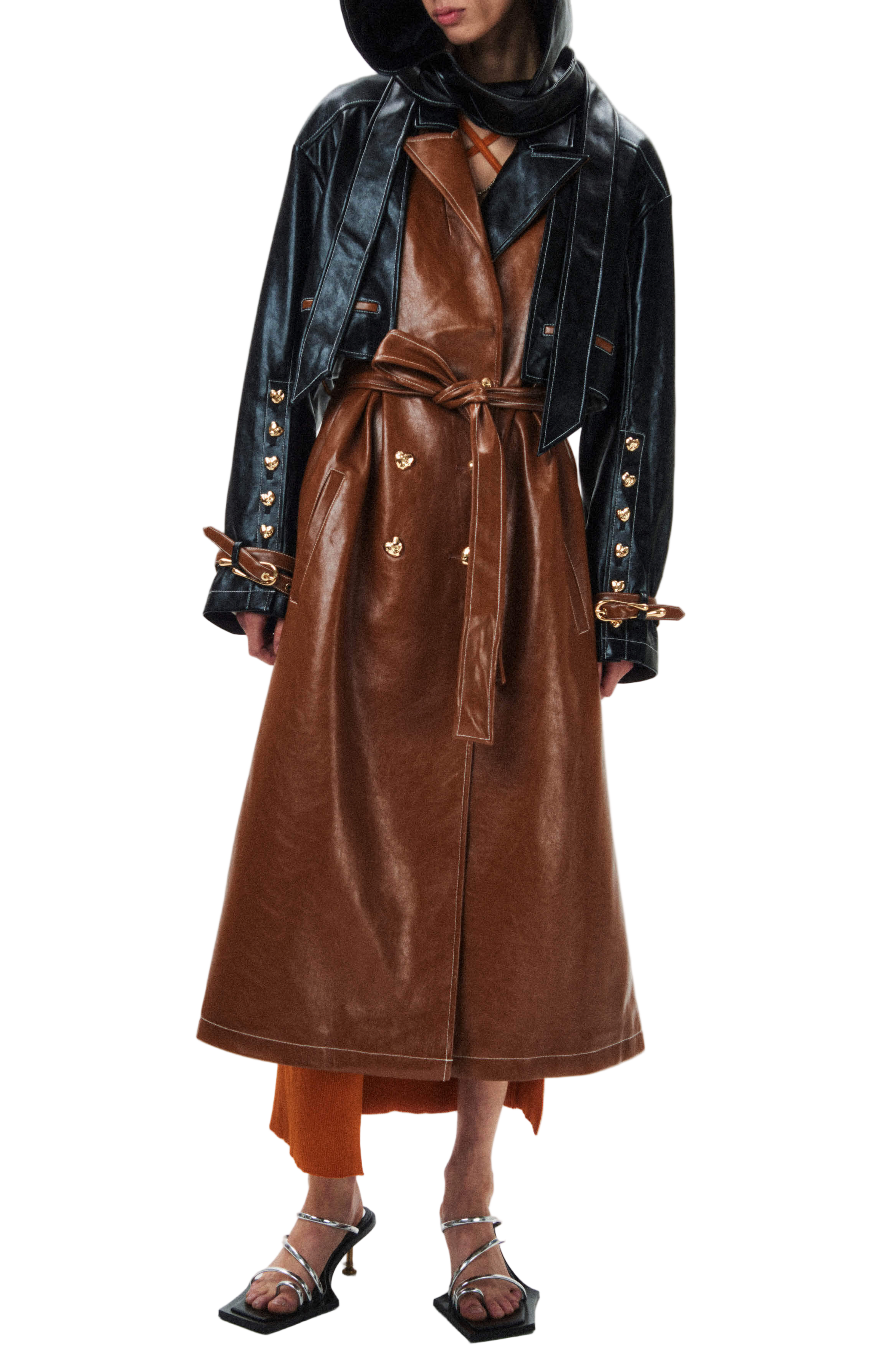 HAN WEN STUDIO Detachable Leather Hood Trench Coat in Brown
