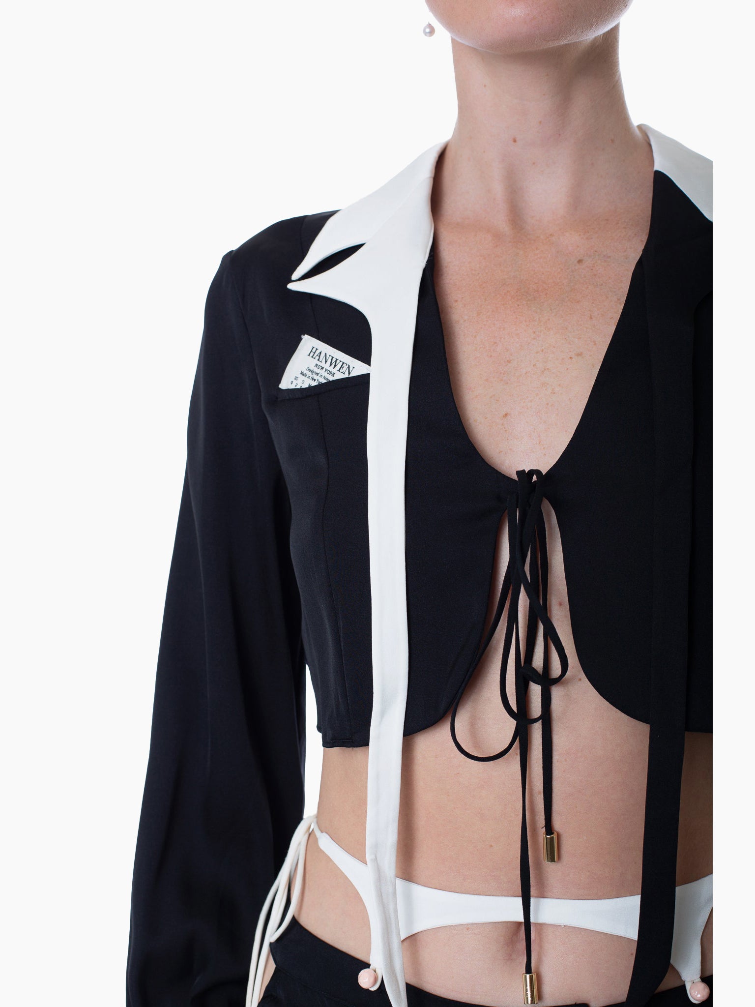 HAN WEN STUDIO Silk Assym-Cropped Strappy Notched Lapel Top