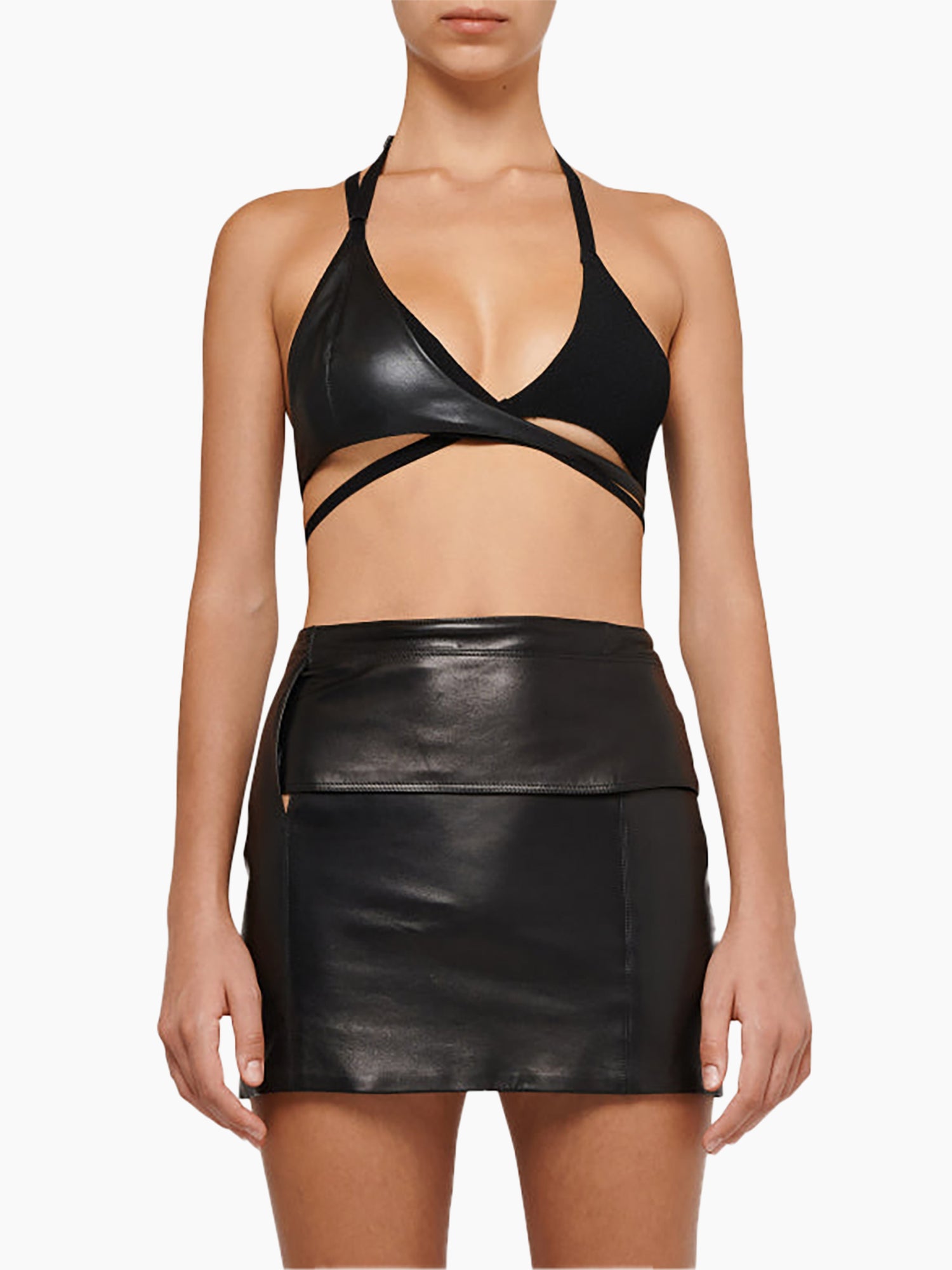 BOYAROVSKAYA Knitted Asymmetric Faux Leather Contrast Bra