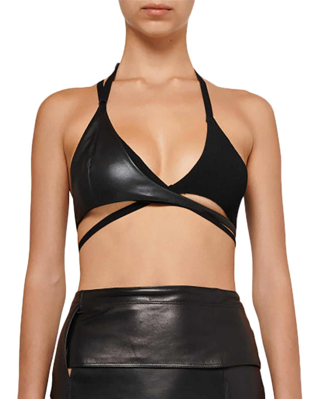 BOYAROVSKAYA Knitted Asymmetric Faux Leather Contrast Bra