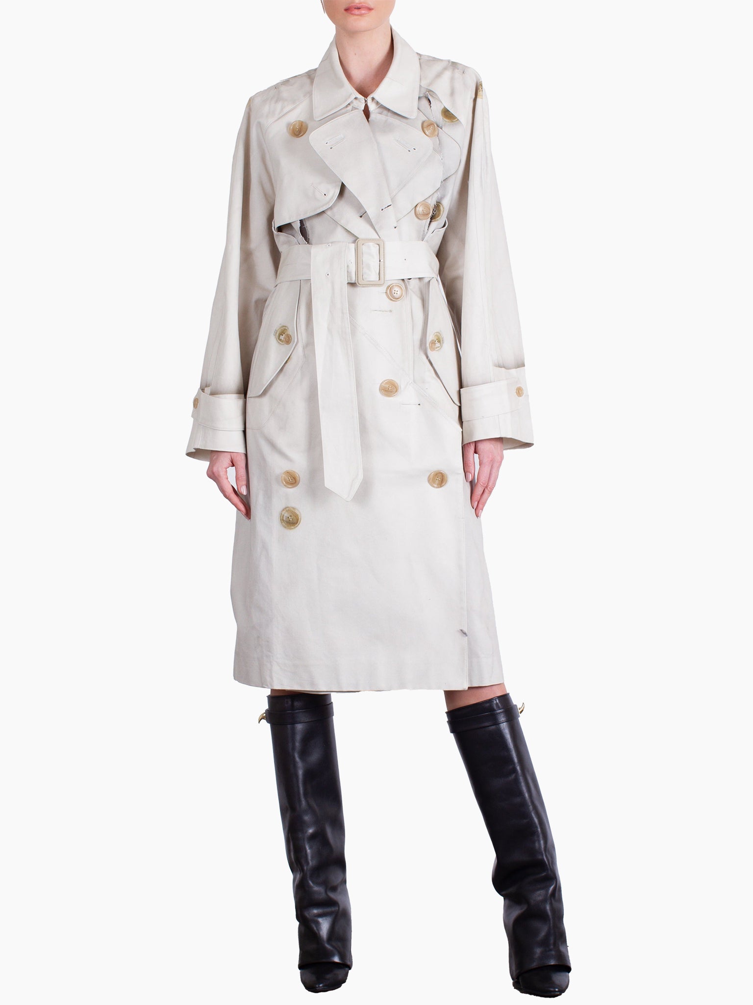 Trench Coat Beige and Black Cotton Gabardine with Plan de Paris