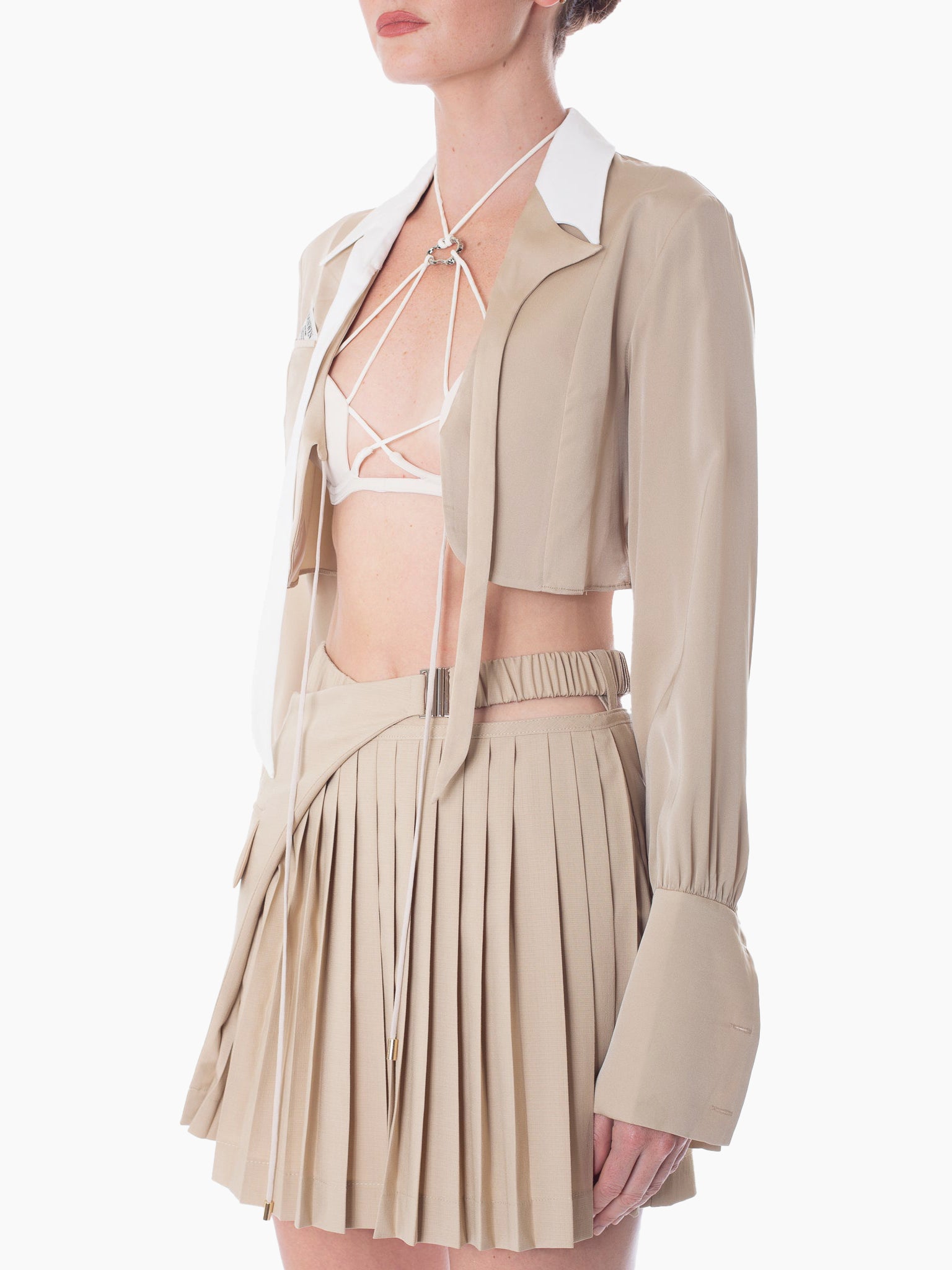 HAN WEN STUDIO Silk Assym-Cropped Strappy Notched Lapel Top