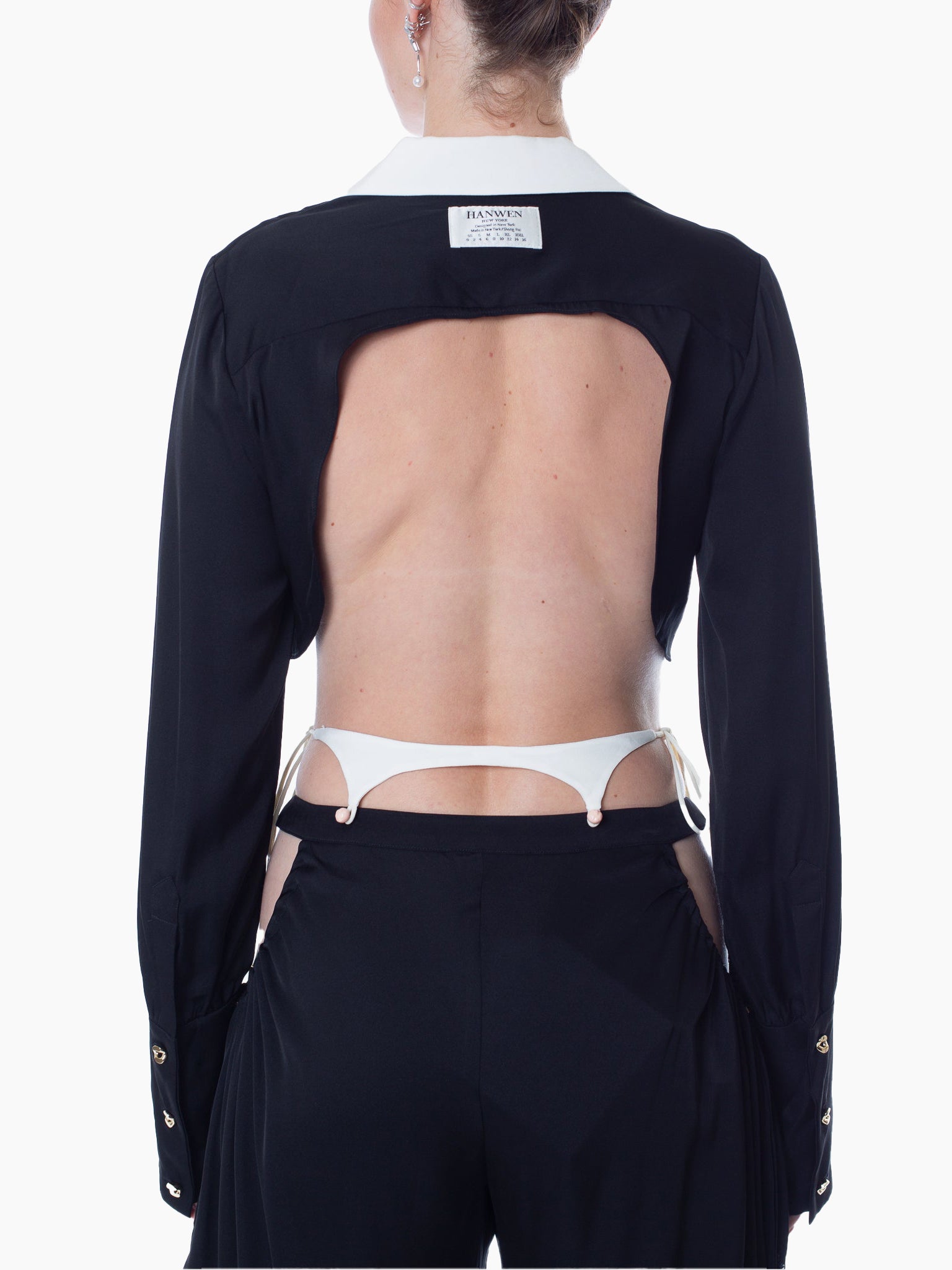 HAN WEN STUDIO Silk Assym-Cropped Strappy Notched Lapel Top