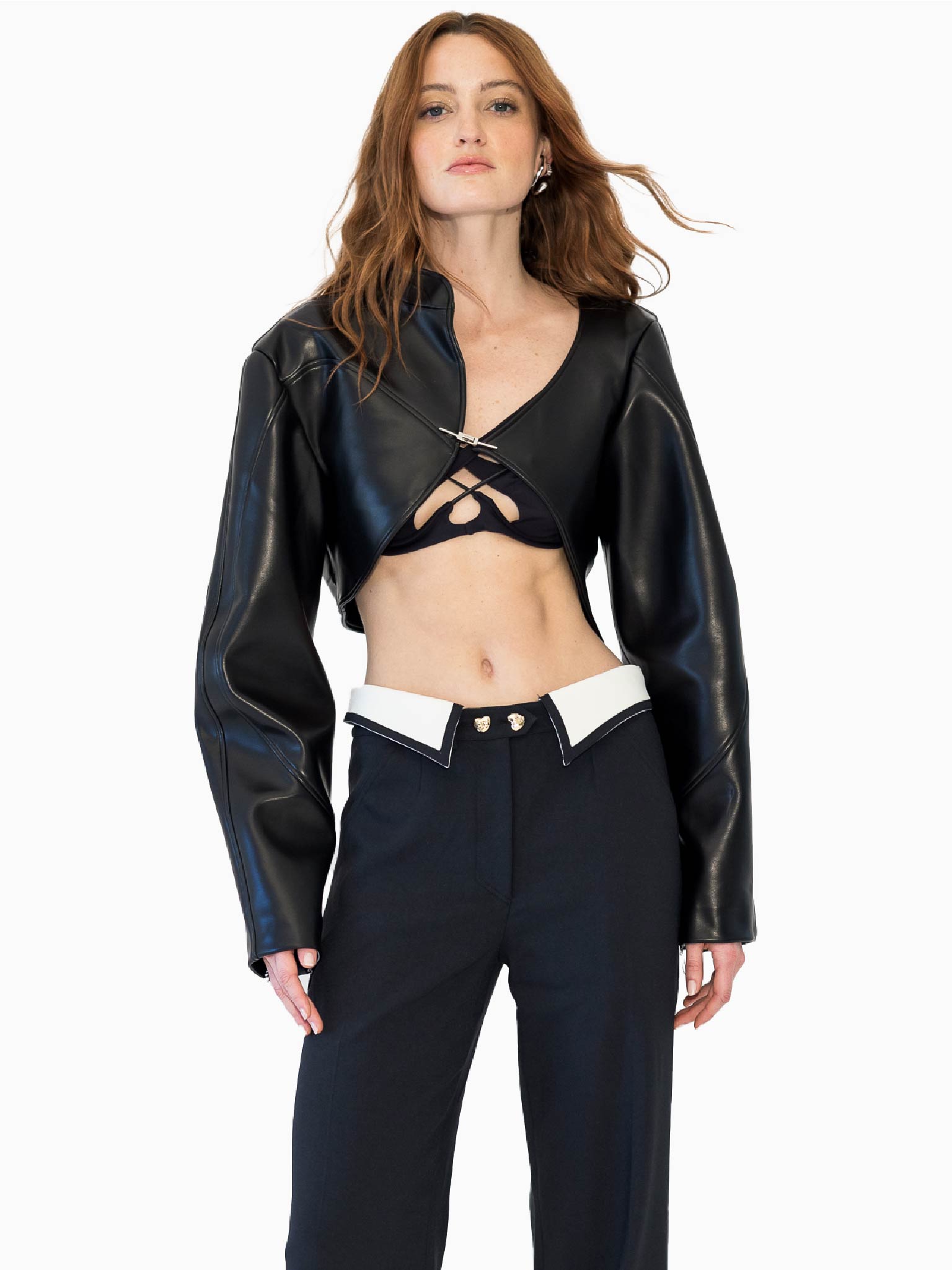 HAN WEN Leather Assym Off-Shoulder Cropped Jacket