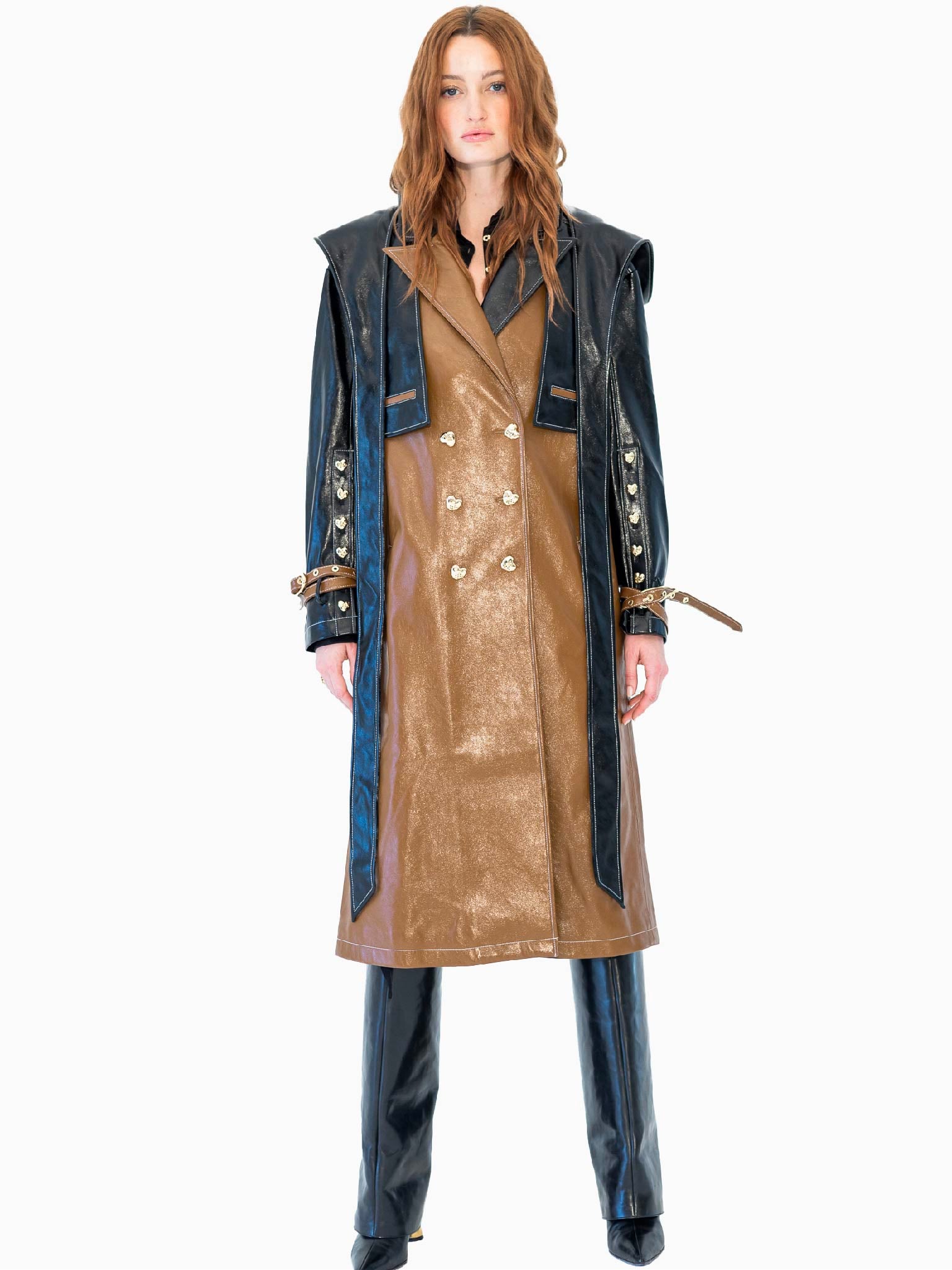 HAN WEN STUDIO Detachable Leather Hood Trench Coat in Brown