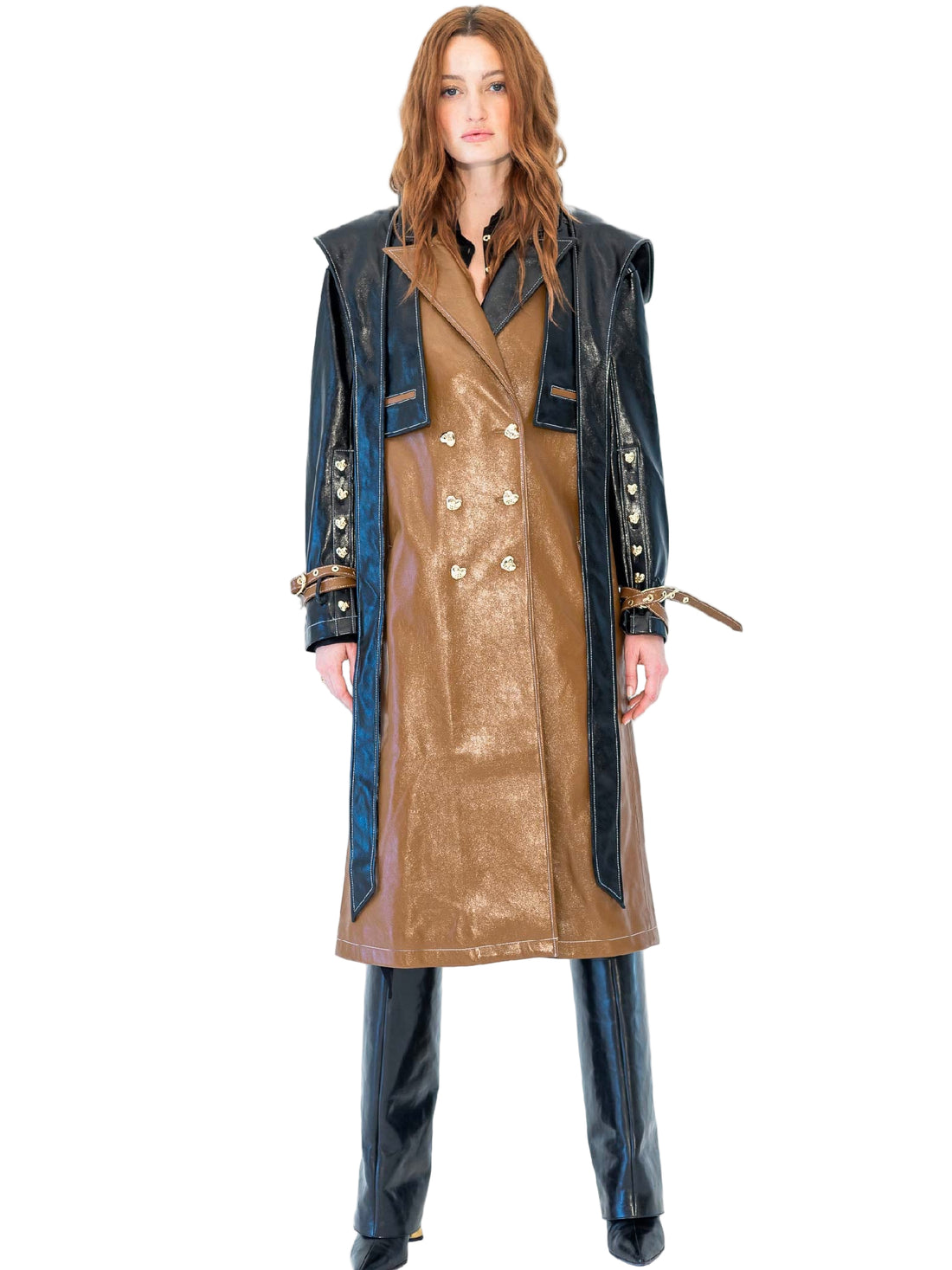 HAN WEN STUDIO Detachable Leather Hood Trench Coat in Brown
