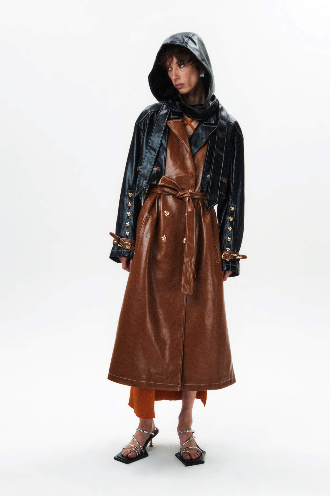 HAN WEN STUDIO Detachable Leather Hood Trench Coat in Brown