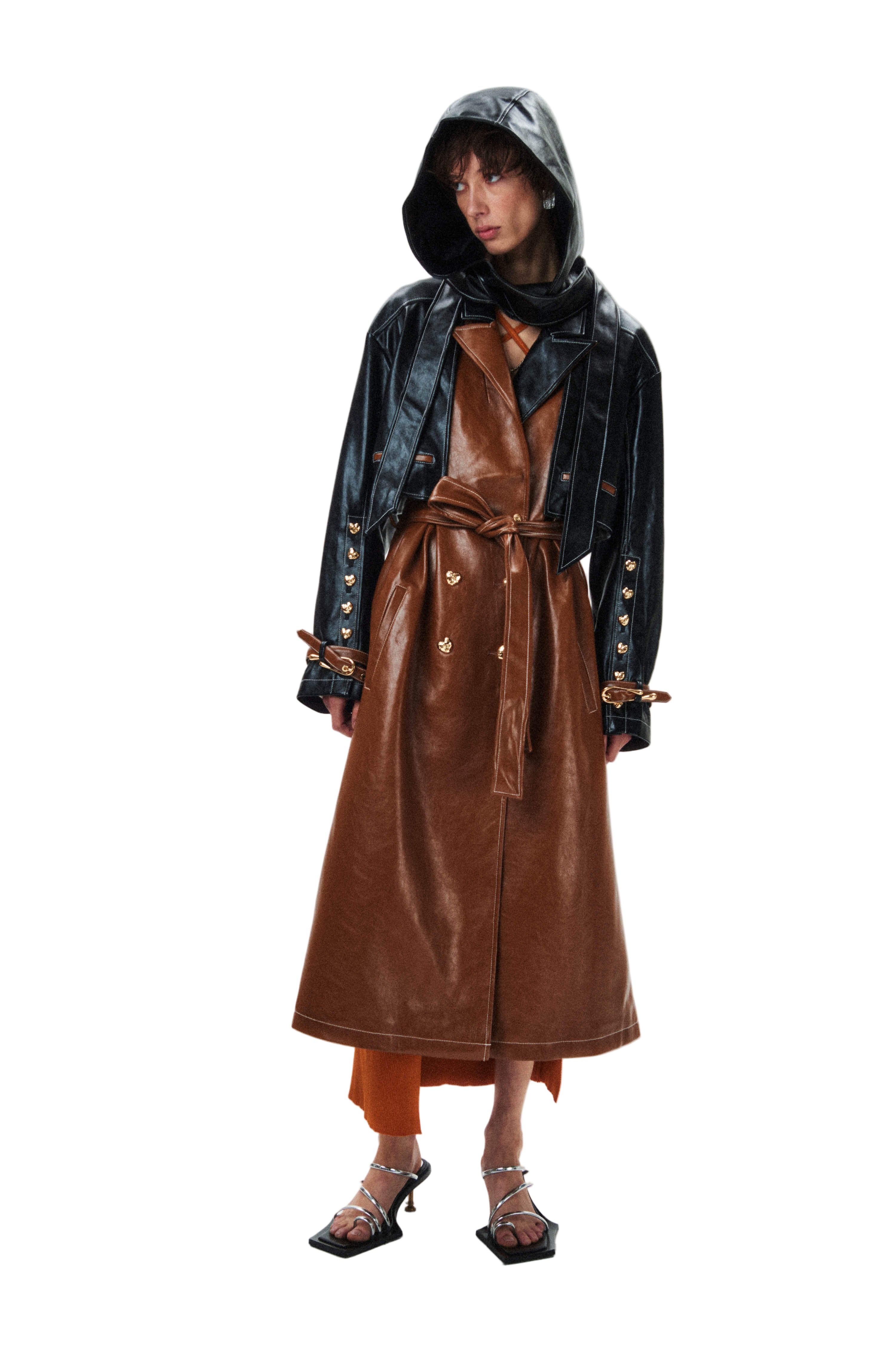 HAN WEN STUDIO Detachable Leather Hood Trench Coat in Brown