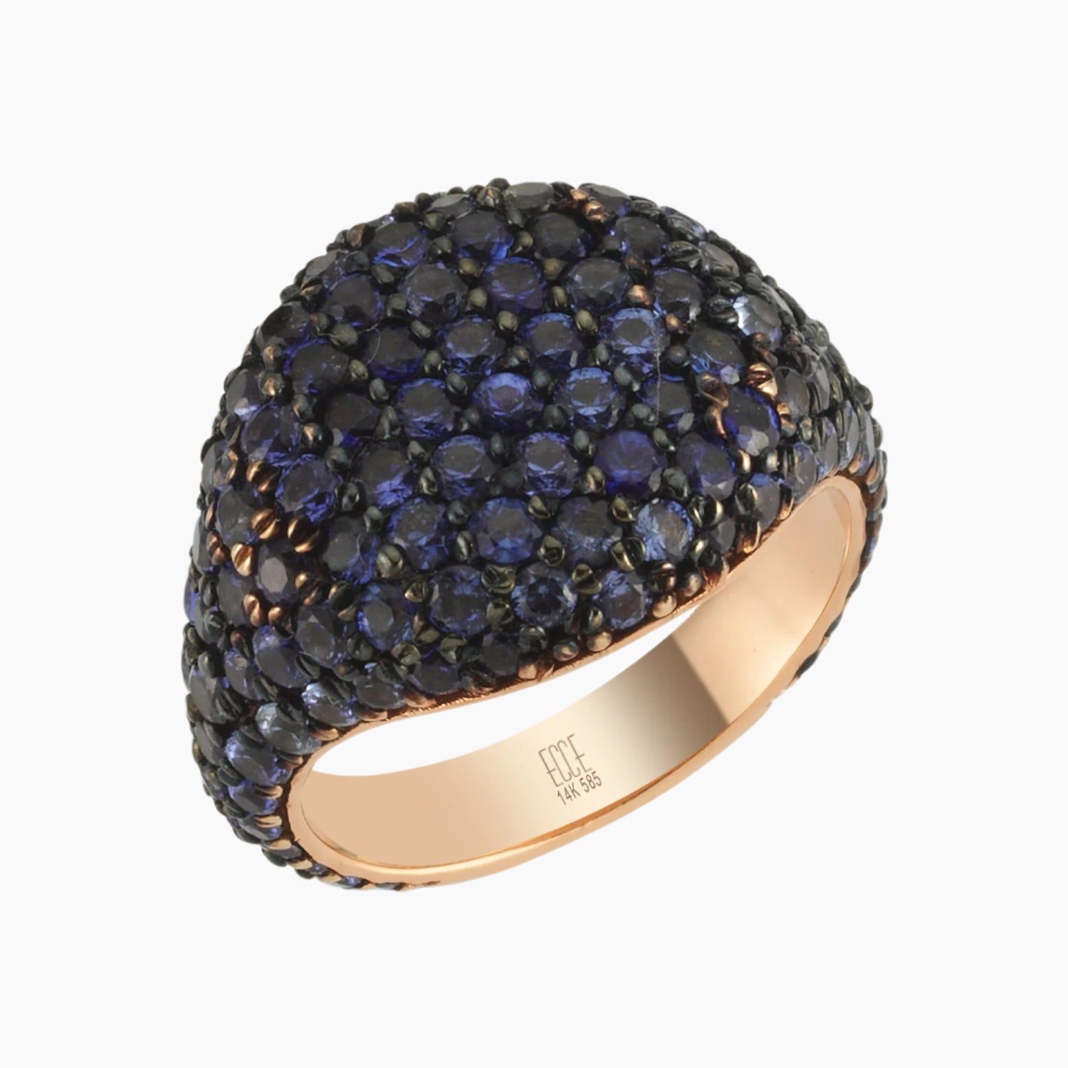 A ring with a blue sapphire stone surrounded by smaller blue sapphire stones, all set in rose gold band.