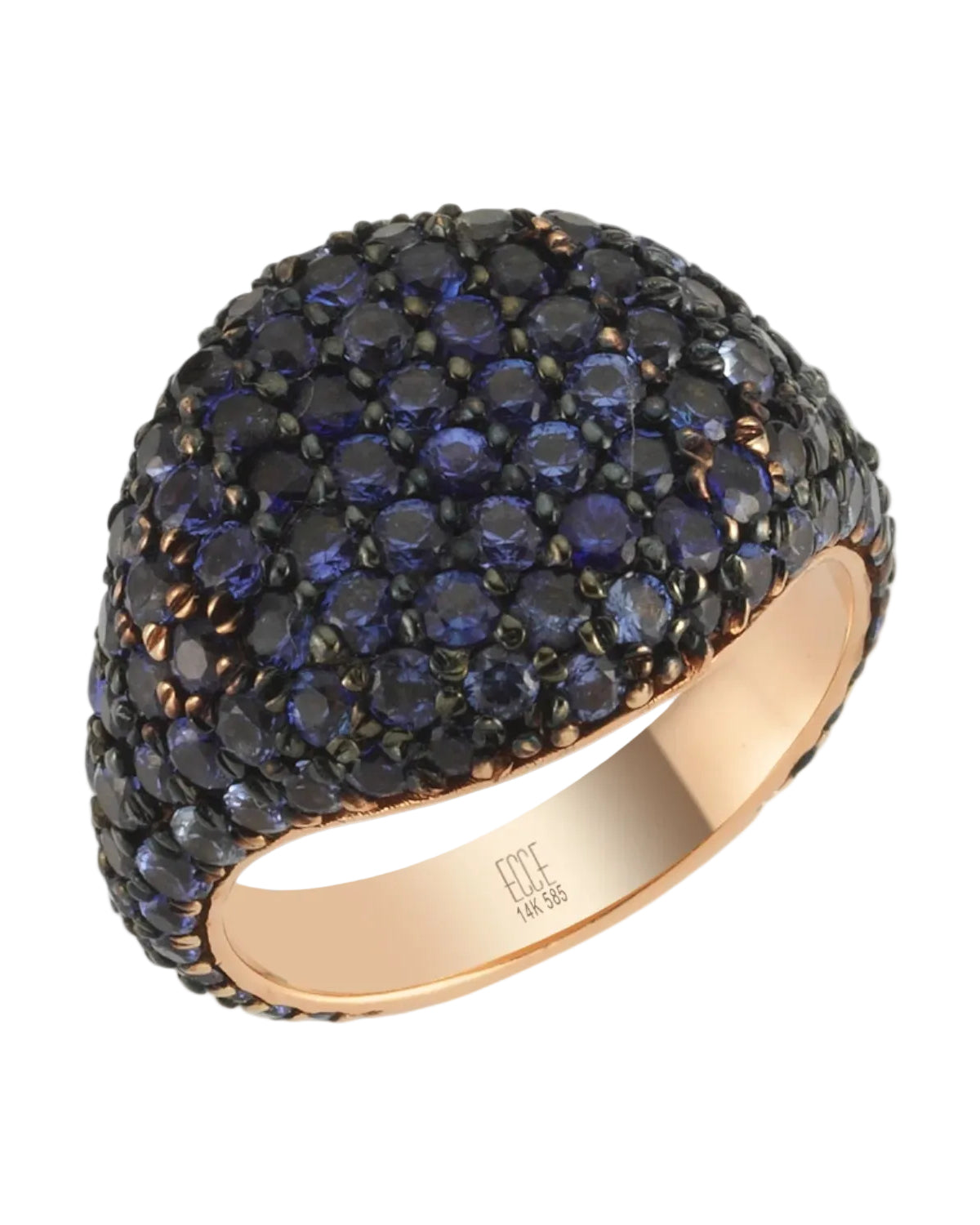 A ring with a blue sapphire stone surrounded by smaller blue sapphire stones, all set in rose gold band.