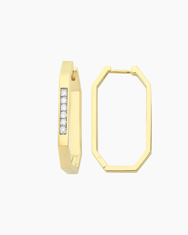 A 14k gold geometric thin hoop charm with diamonds set on it, displayed against a white background.