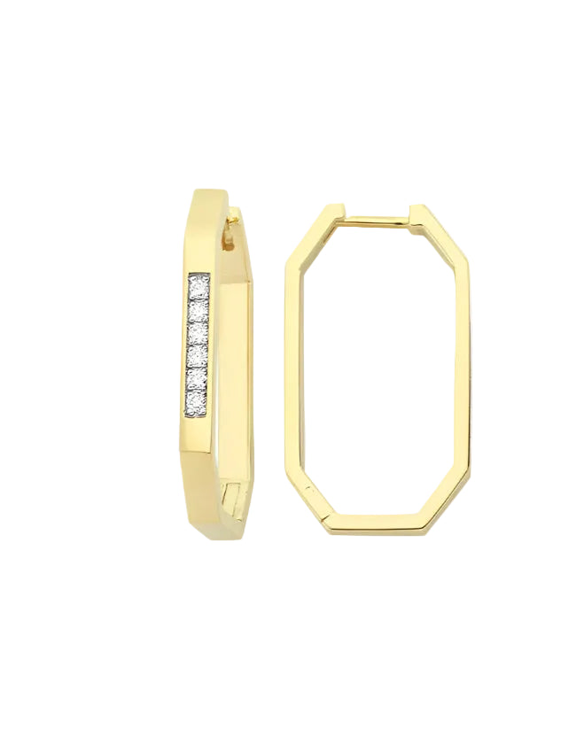 A 14k gold geometric thin hoop charm with diamonds set on it, displayed against a white background.