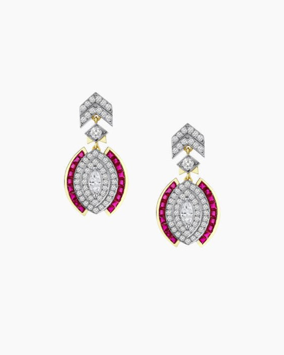 Pair of earrings with marquise-shaped gemstones and red accents on a white background