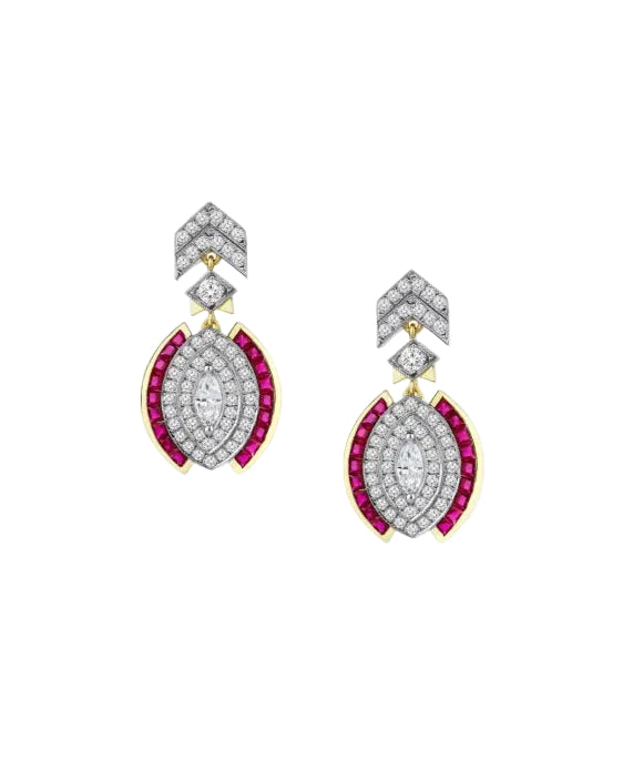 Pair of earrings with marquise-shaped gemstones and red accents on a white background