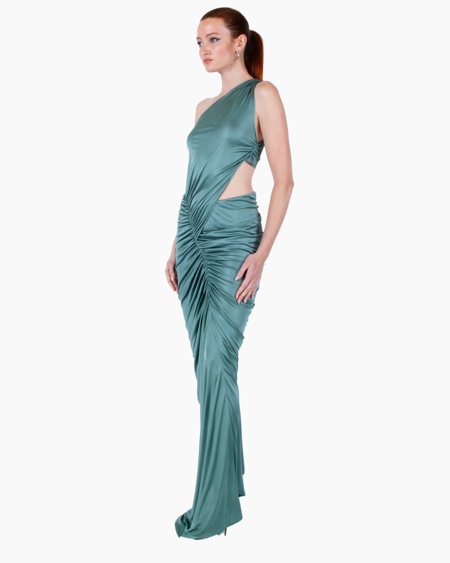ATLEIN One Shoulder Ruched Cut Out Gown