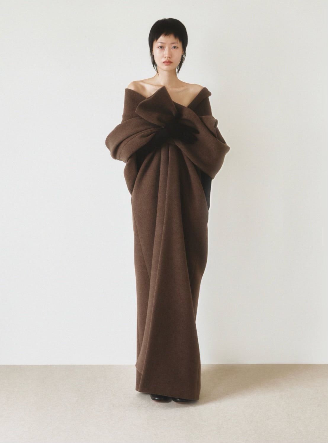 GIA STUDIOS Dark Brown Wool Draped Shawl Lapel Long Coat