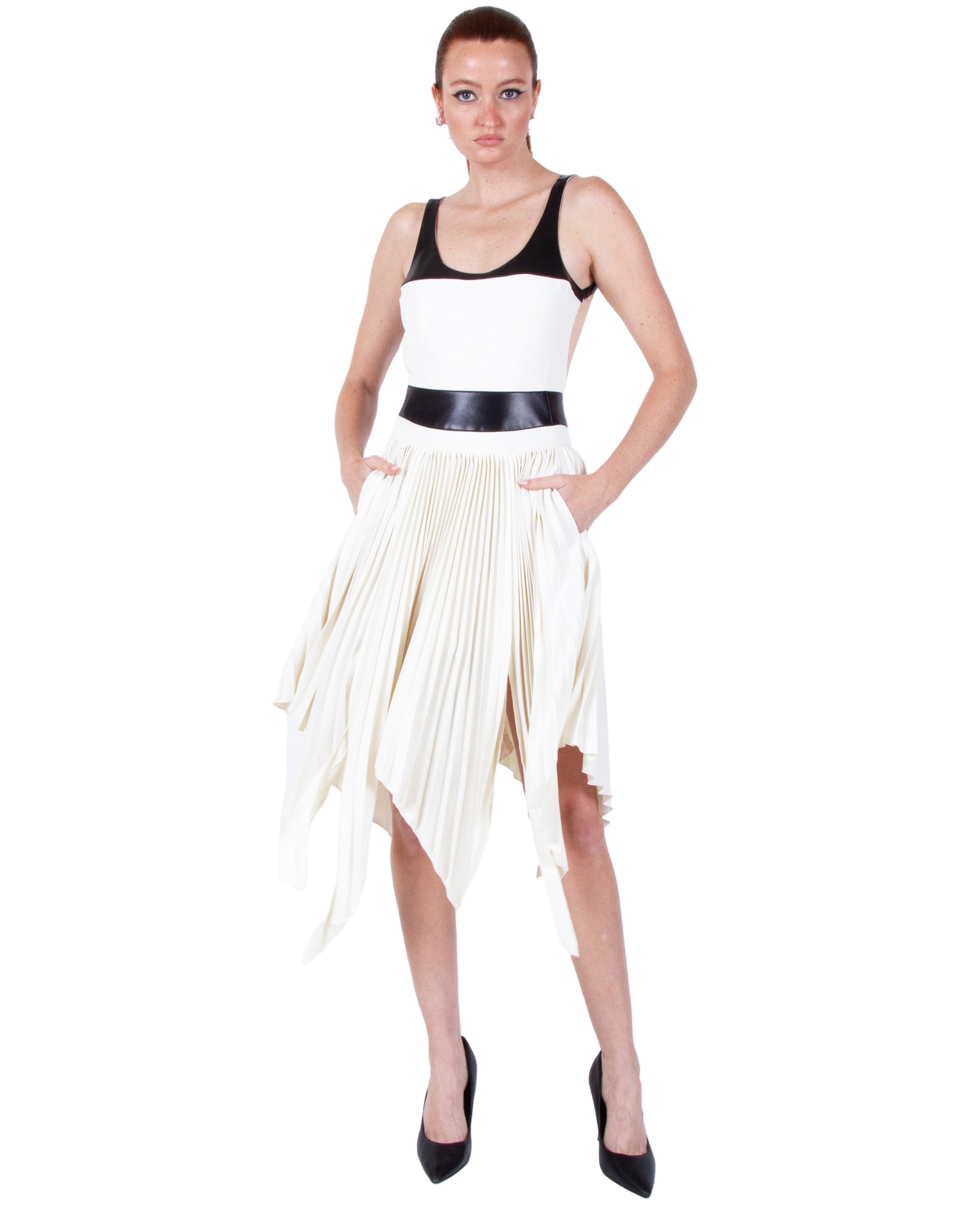 HAN WEN Open-Back Leather-Blocking Dress in Black and White