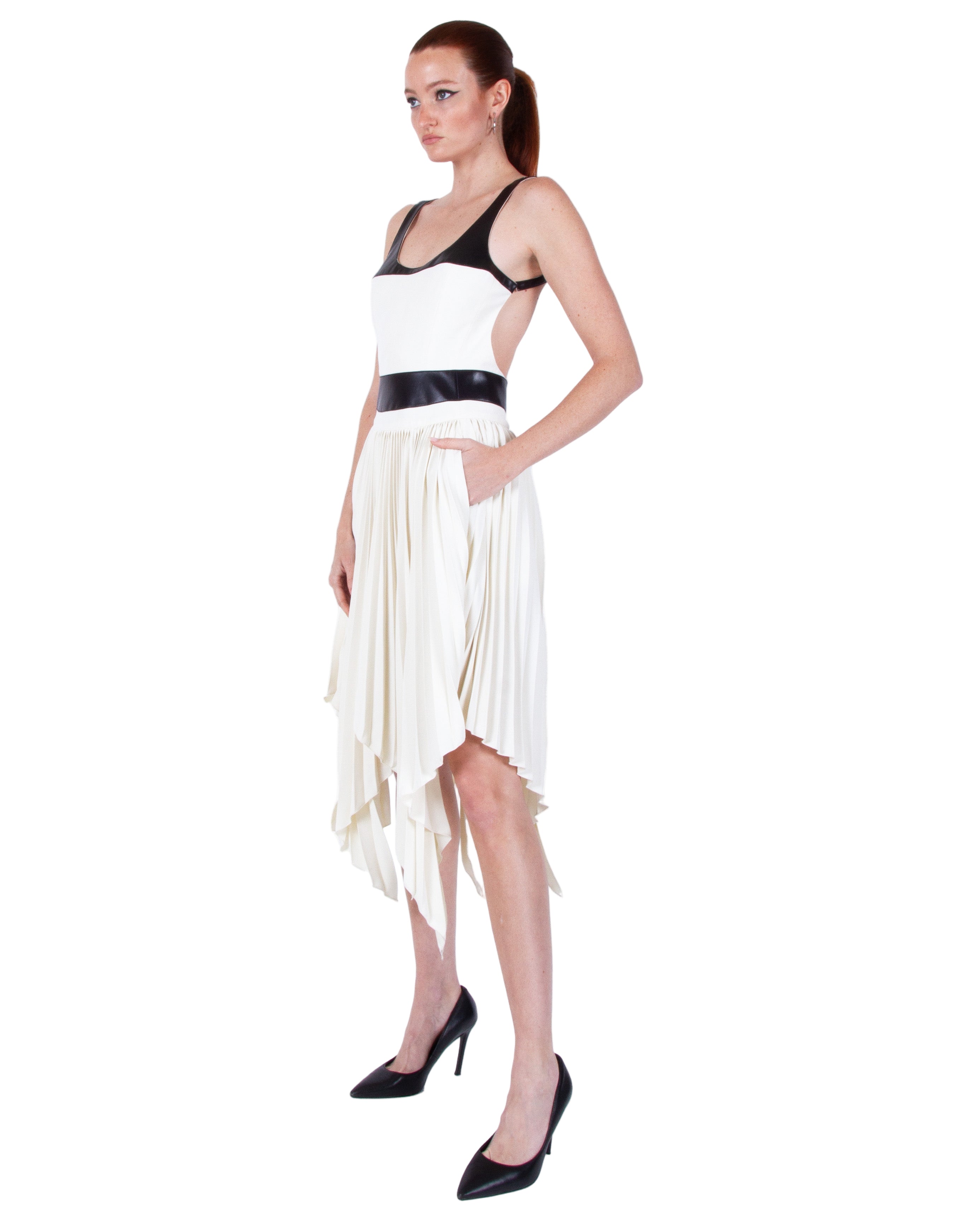 HAN WEN Open-Back Leather-Blocking Dress in Black and White