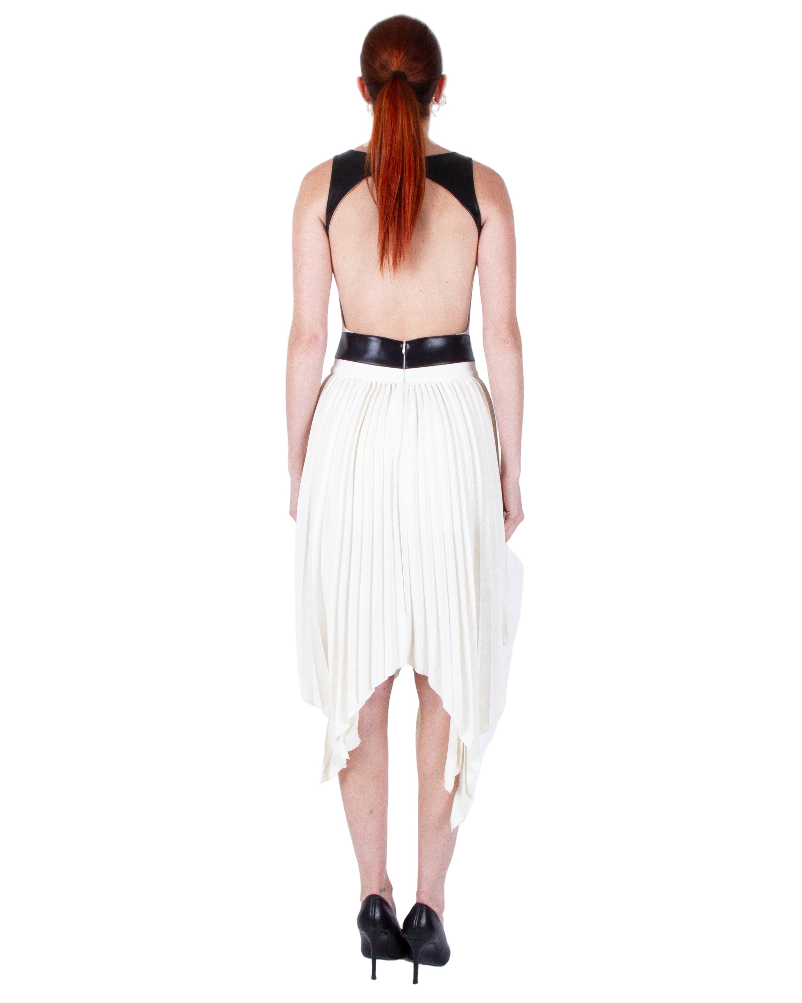 HAN WEN Open-Back Leather-Blocking Dress in Black and White