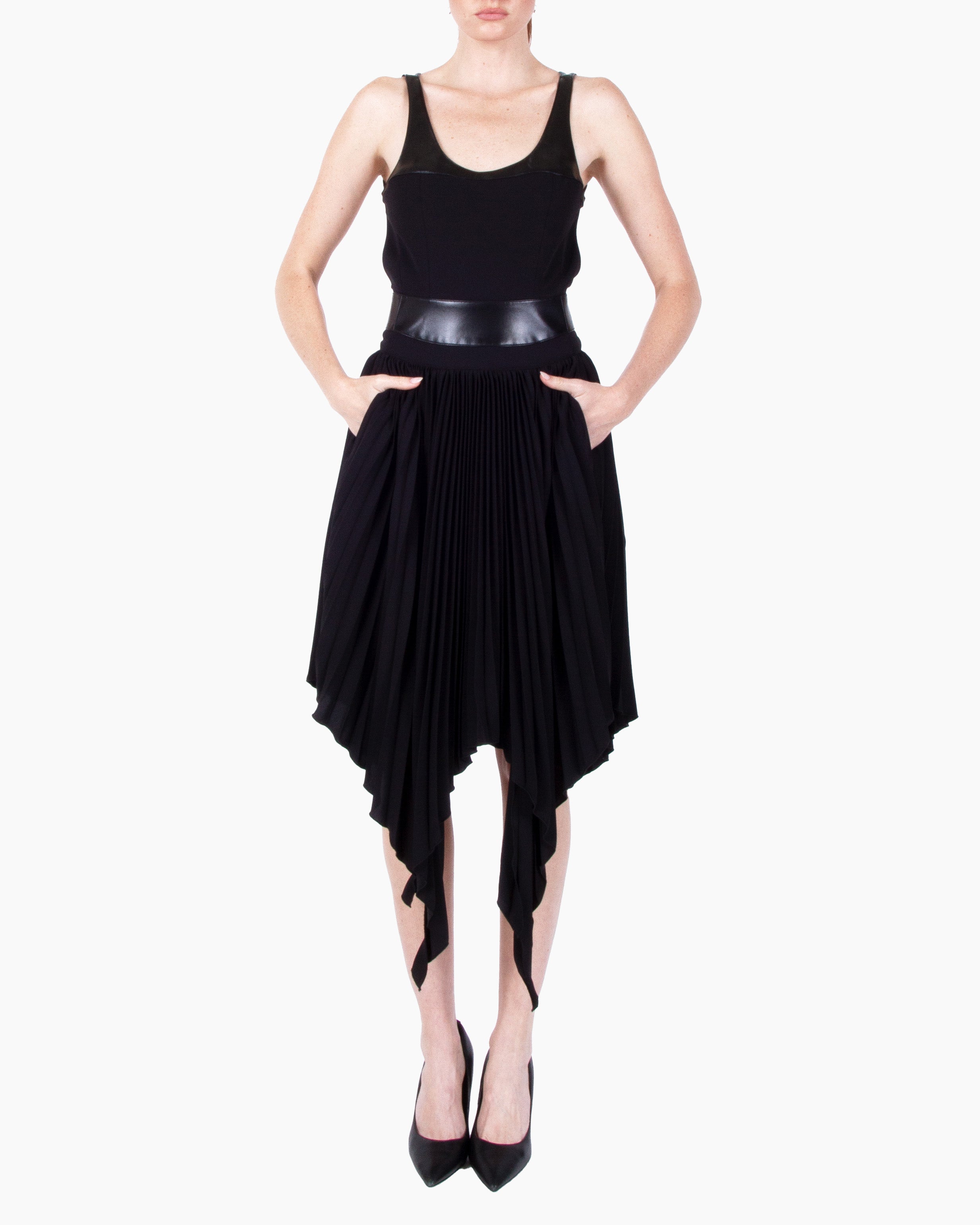 HAN WEN Open-Back Leather Blocking Dress in Black