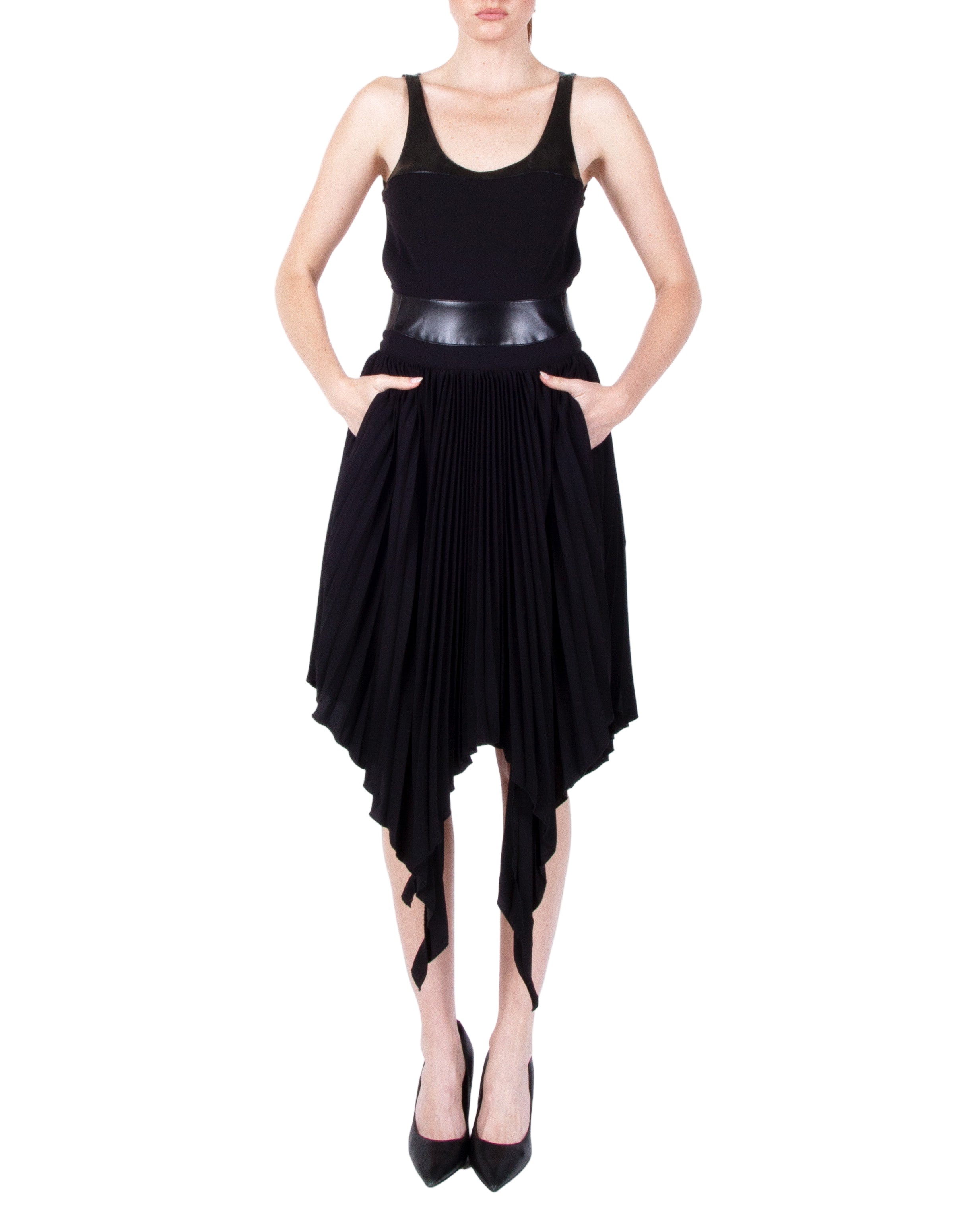 HAN WEN Open-Back Leather Blocking Dress in Black