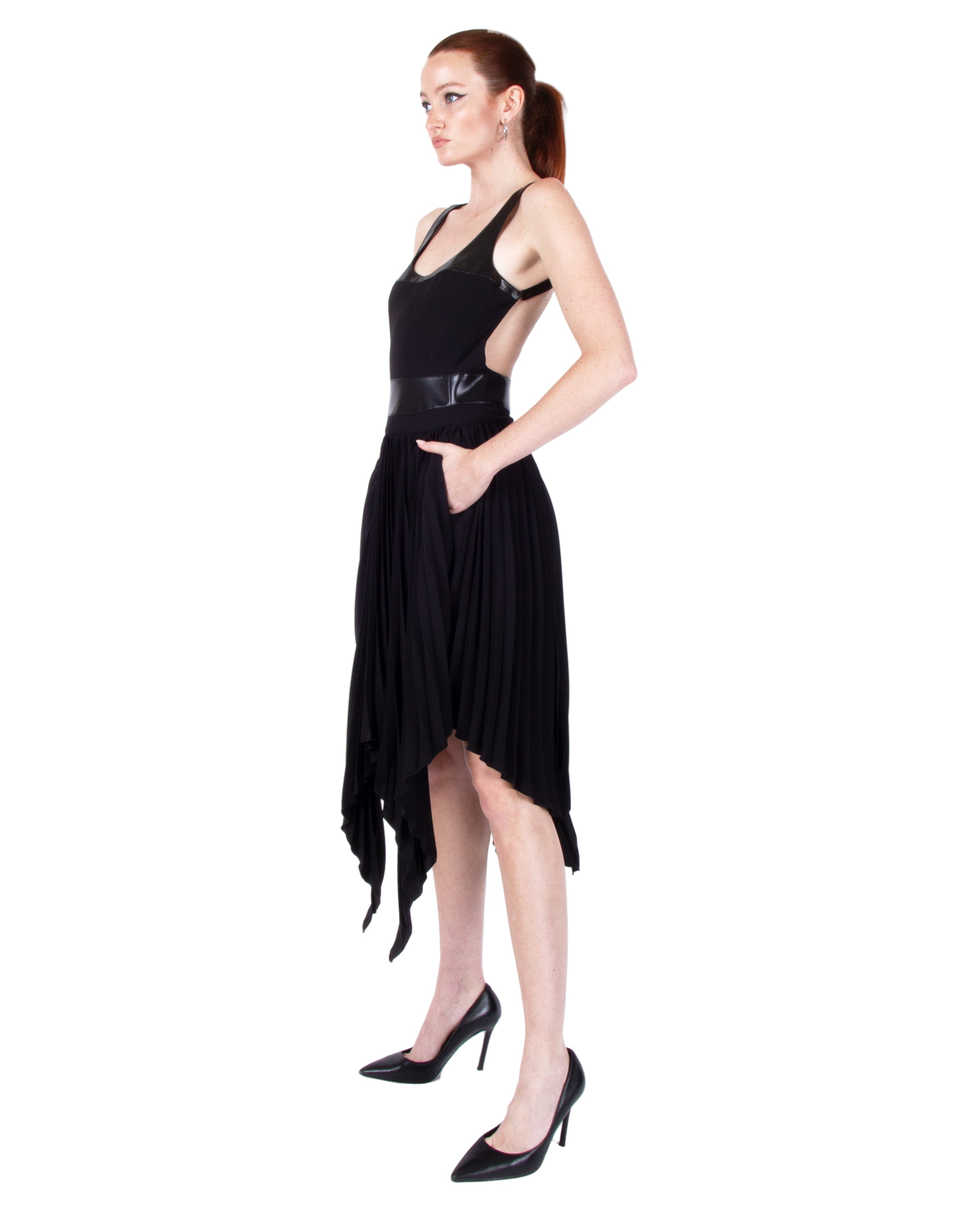 HAN WEN Open-Back Leather Blocking Dress in Black