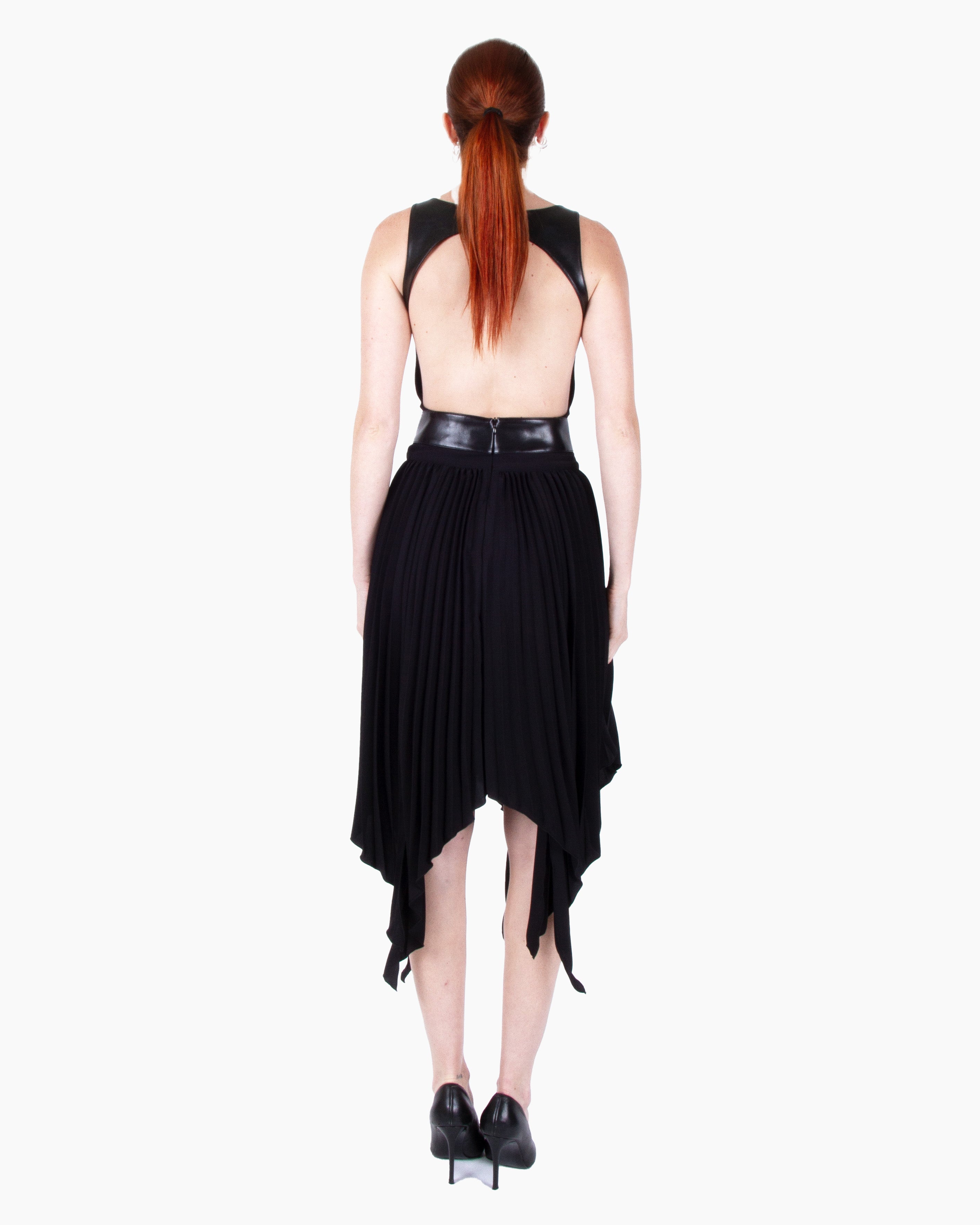HAN WEN Open-Back Leather Blocking Dress in Black
