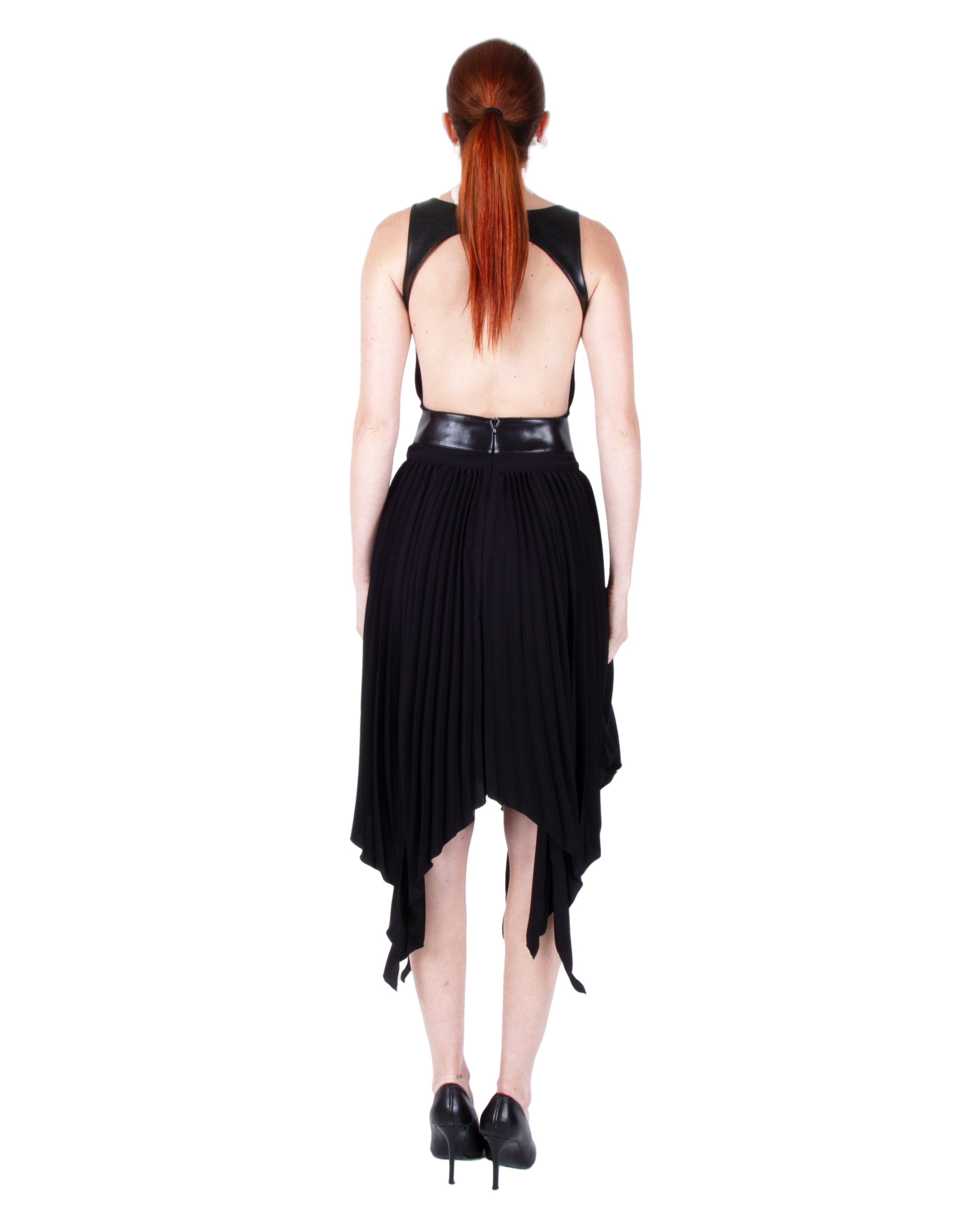 HAN WEN Open-Back Leather Blocking Dress in Black