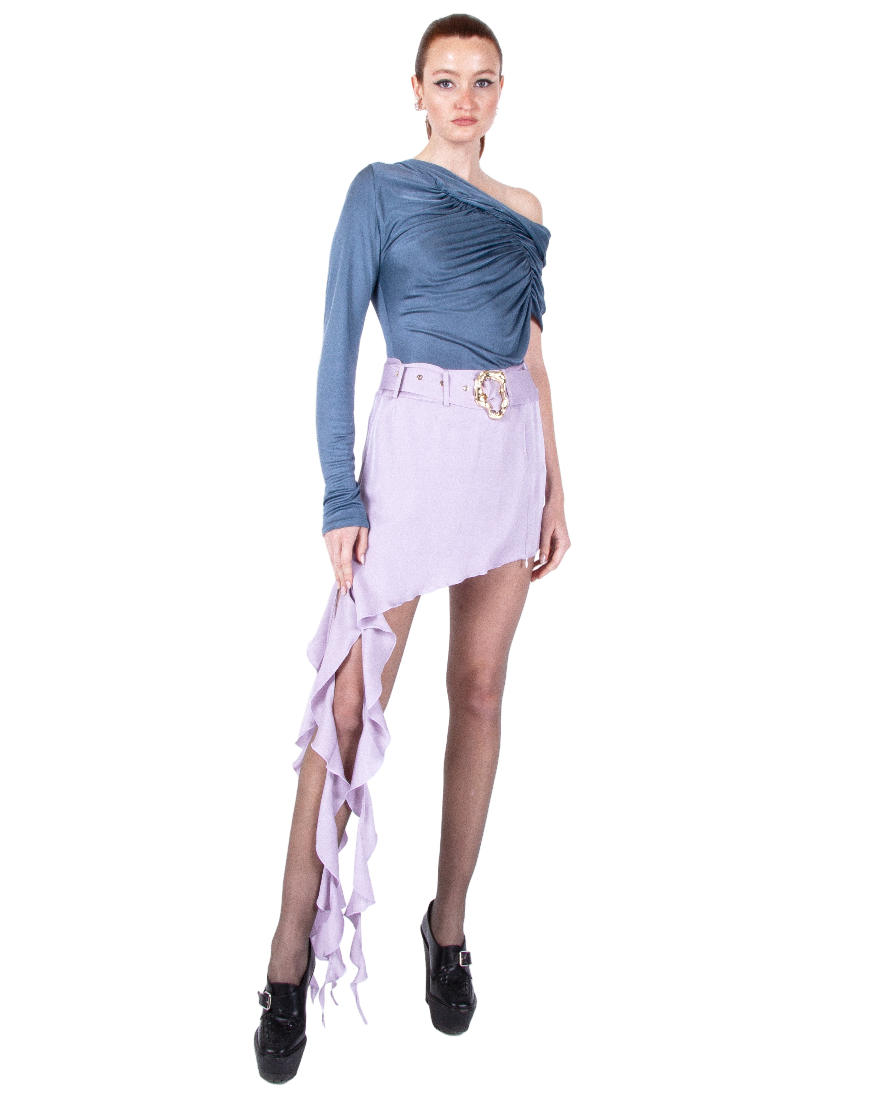 HAN WEN STUDIO Assym Oval-Buckle Mini Skirt in Lavender