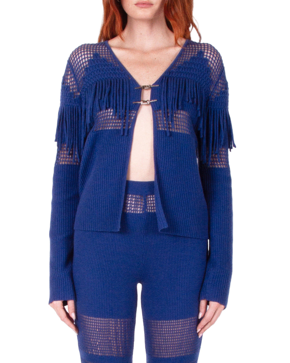 HAN WEN STUDIO Mesh Fringe Cardigan in Blue