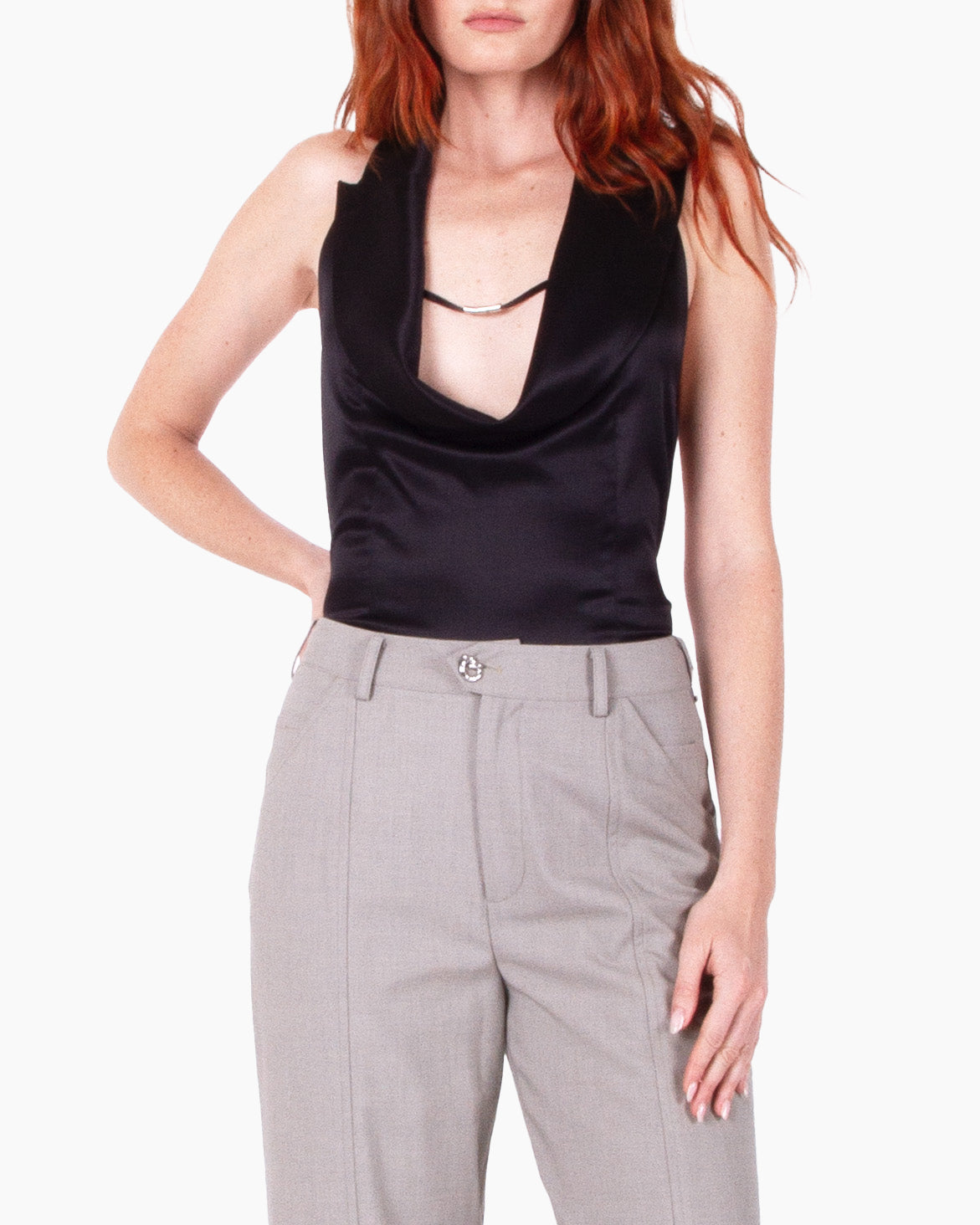 HAN WEN STUDIO Silk Open-Back Peak-Lapel Top in Black