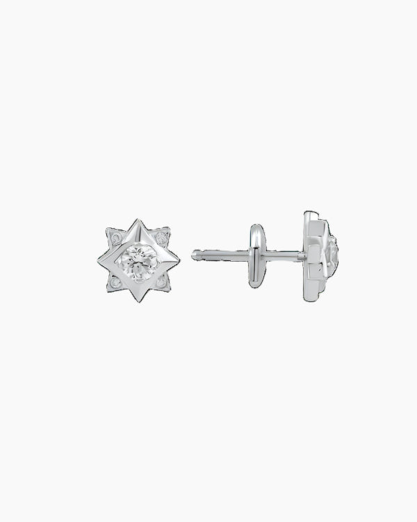 A pair of white gold stud earrings with a star-shaped design, featuring multiple smaller studs arranged in a pattern.