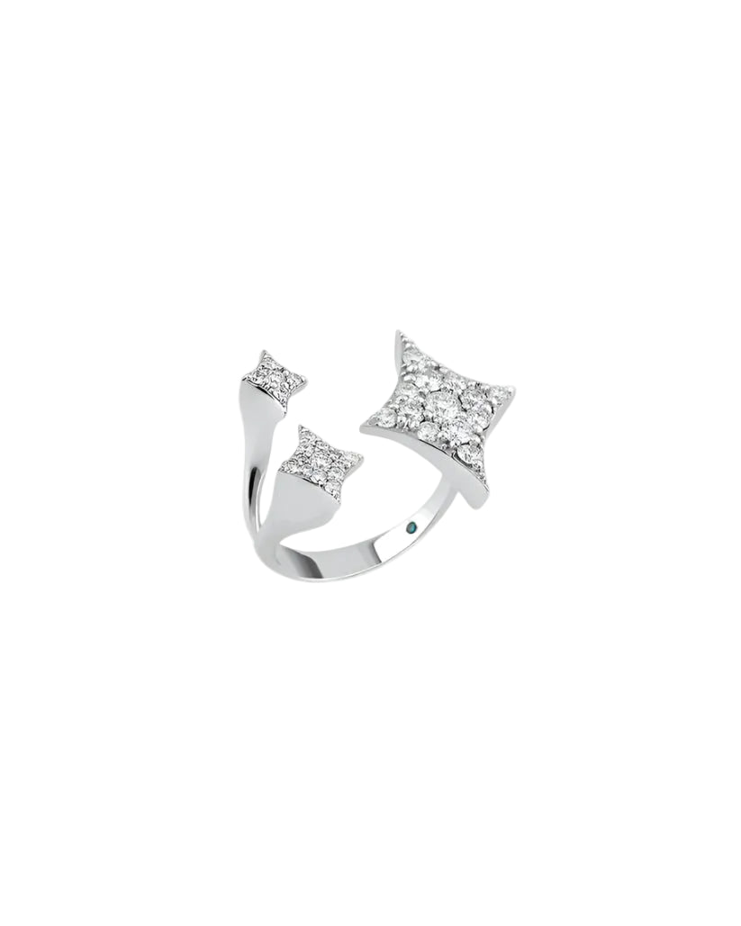 Silver ring with star-shaped diamond designs on a white background