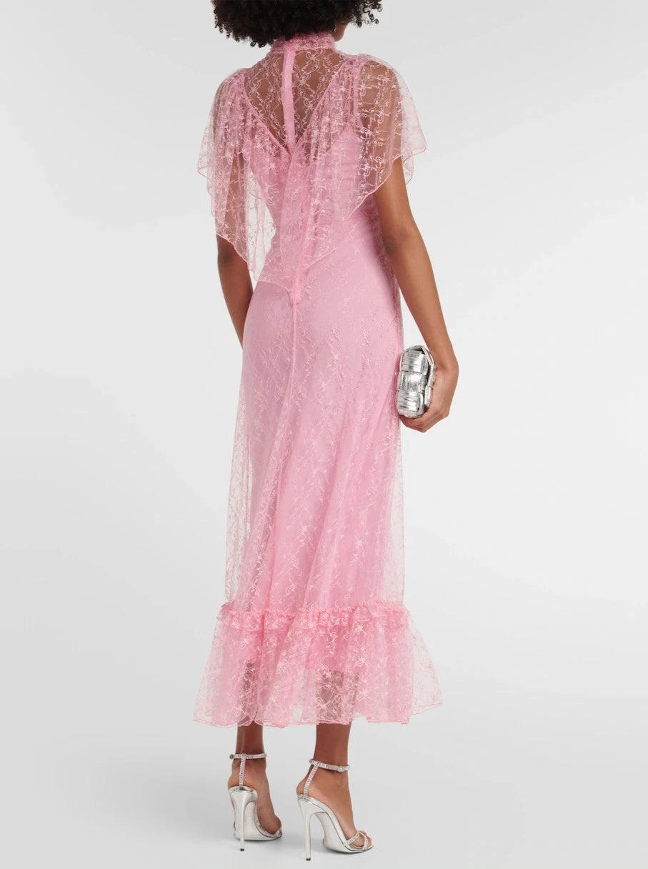 RODARTE Pink Floral Tulle Ruffle Collar Dress