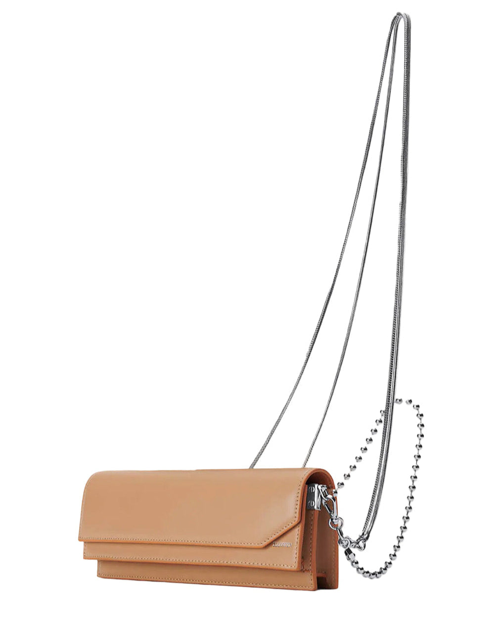 Tan handbag with a chain strap on a white background