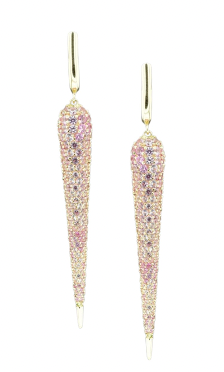 A pair of 14K gold earrings featuring pointed hoops adorned with pink sapphire stones.