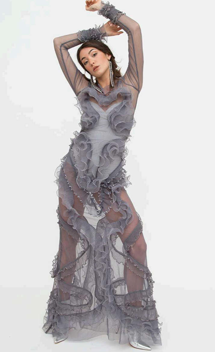 AMANI SAAB Sheer Ruffle Gown