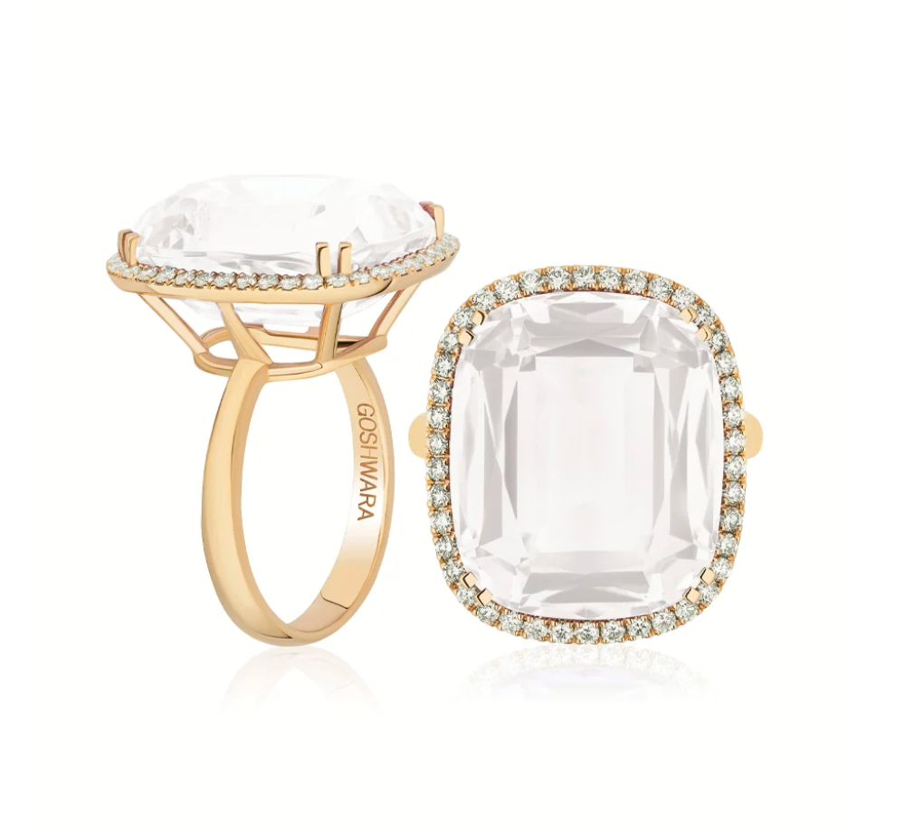 GOSHWARA Moon Quartz Cushion Cut Ring With Tube Shank And Diamond