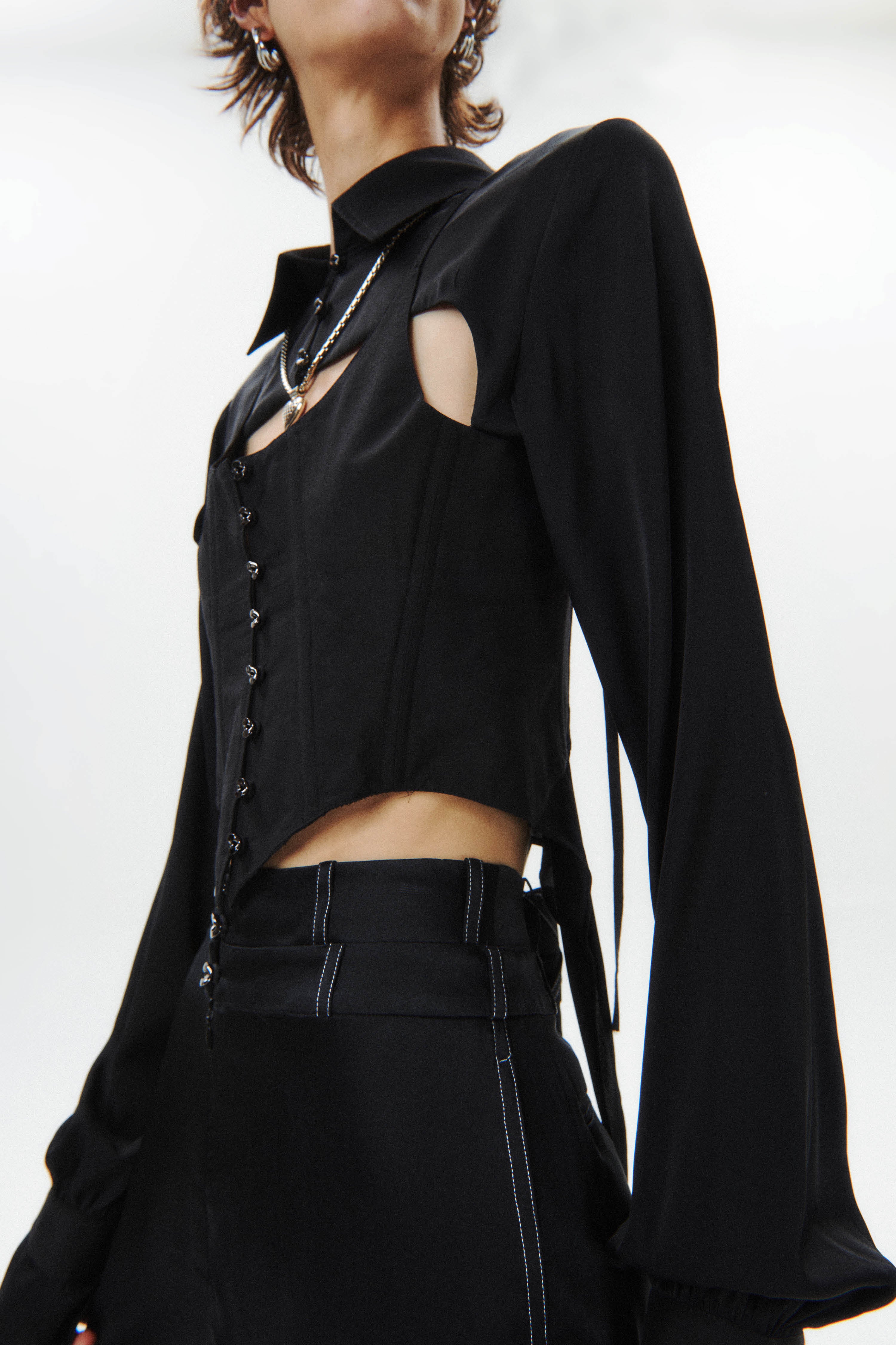 HAN WEN STUDIO Silk Flowy Corset Blouse in Black