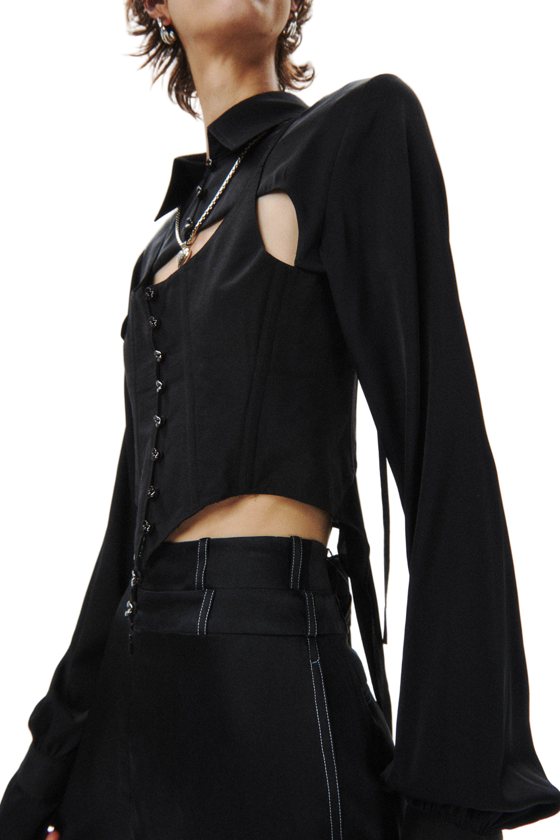 HAN WEN STUDIO Silk Flowy Corset Blouse in Black