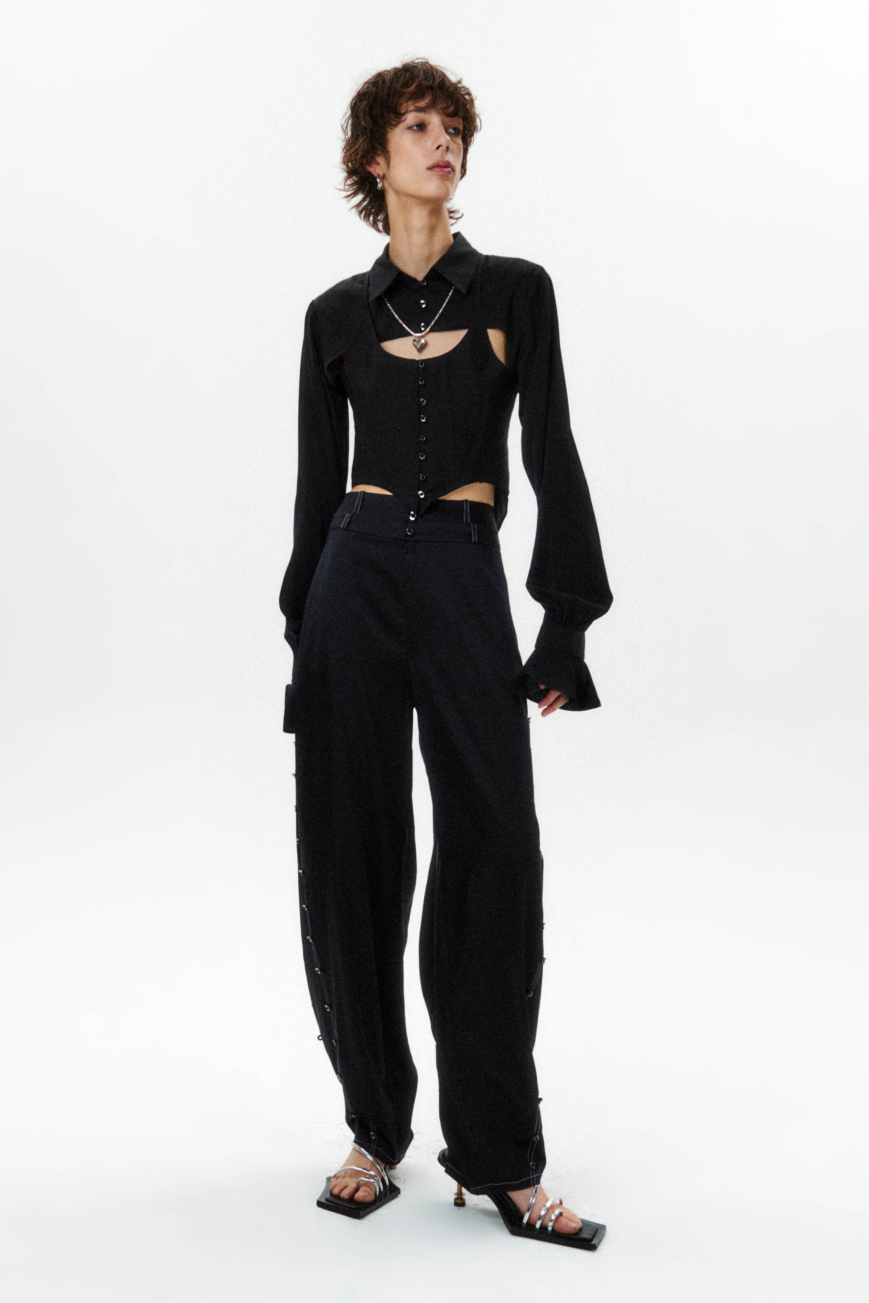 HAN WEN STUDIO Silk Flowy Corset Blouse in Black