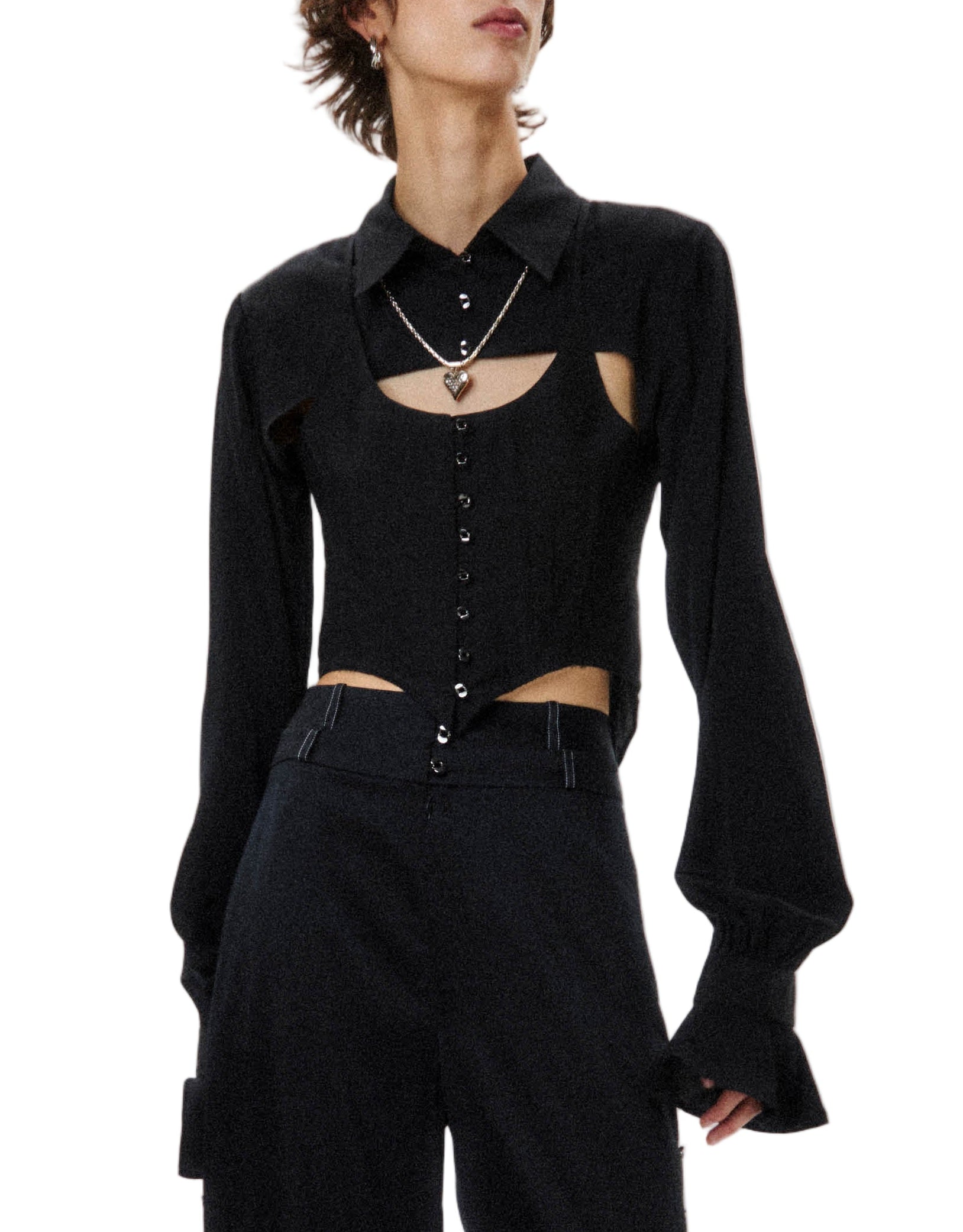 HAN WEN STUDIO Silk Flowy Corset Blouse in Black
