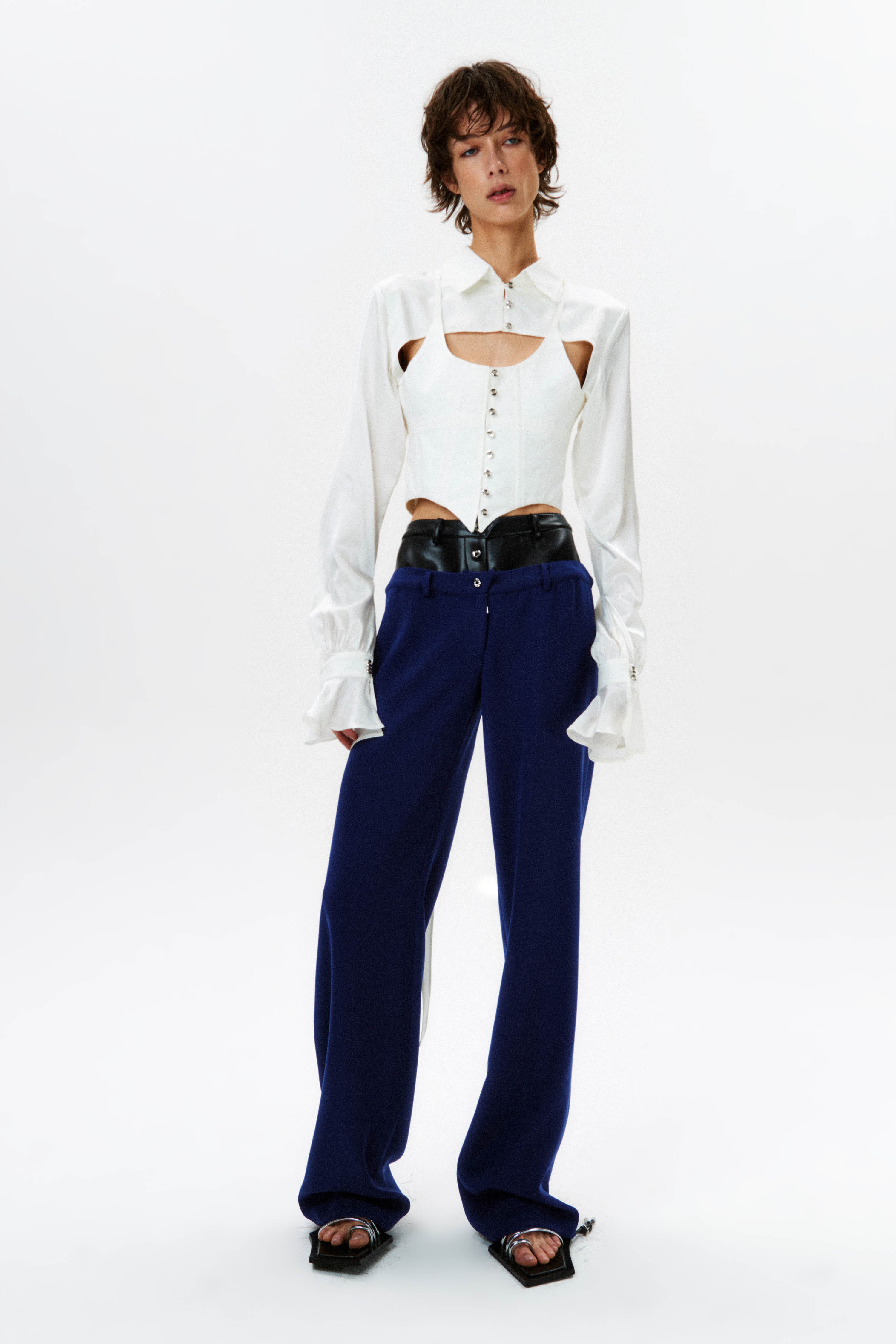 HAN WEN STUDIO Silk Flowy Corset Blouse in White