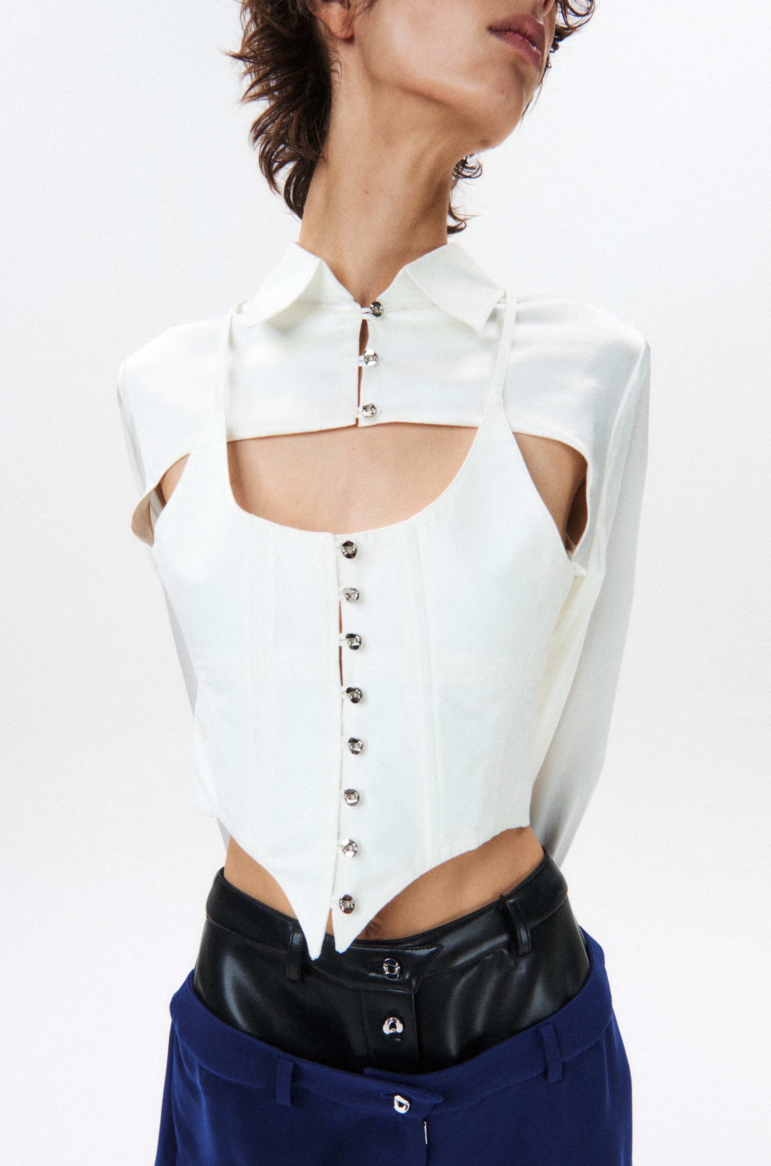 HAN WEN STUDIO Silk Flowy Corset Blouse in White