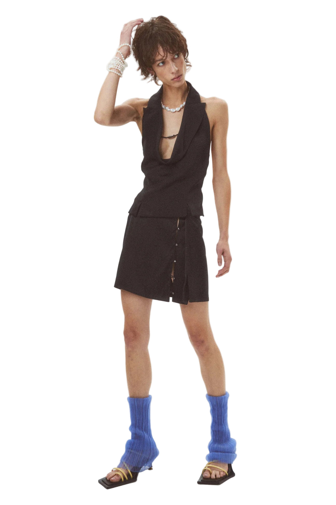 HAN WEN STUDIO Silk Leather Strap Slit Mini Skirt