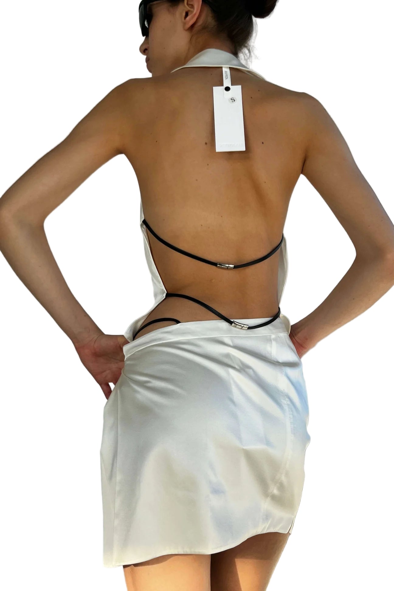 HAN WEN STUDIO Silk Leather Strap Slit Mini Skirt