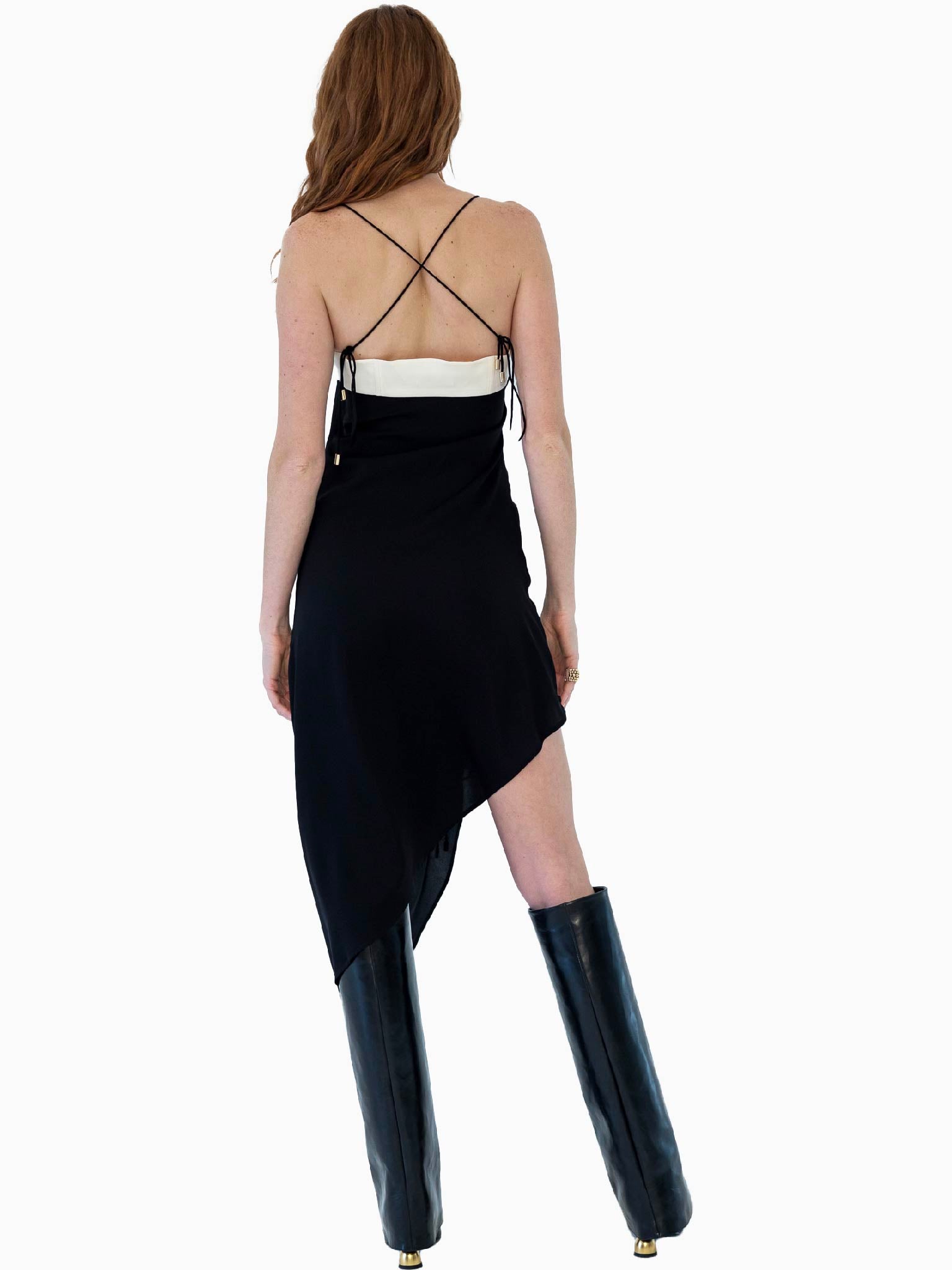 HAN WEN Silk Assym-Scarf Pleated Corset Dress