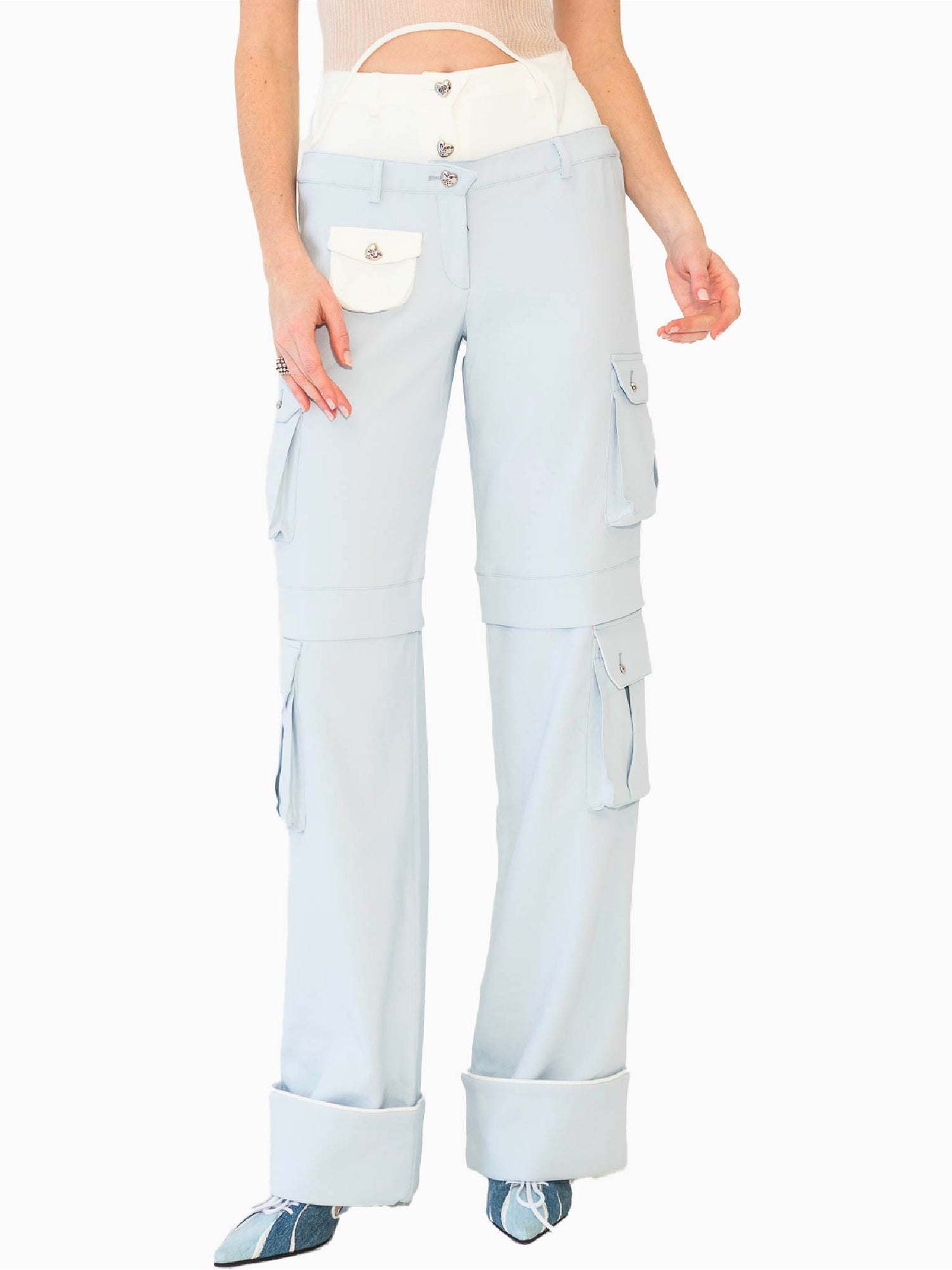 HAN WEN STUDIO Contrasty Waists Cargo Trouser Ice Blue and White