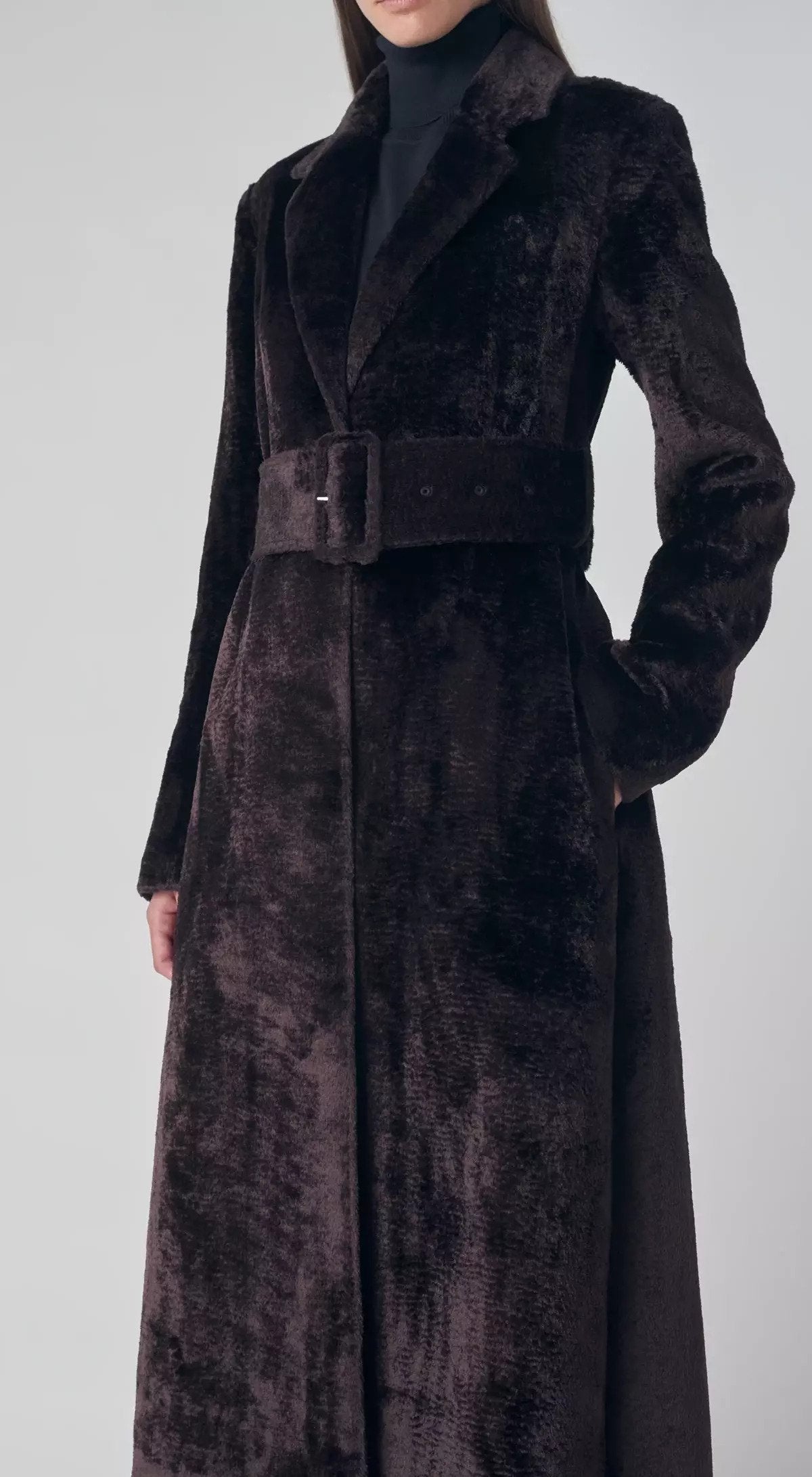 CO Long Coat in Faux Astrakhan Dark Brown