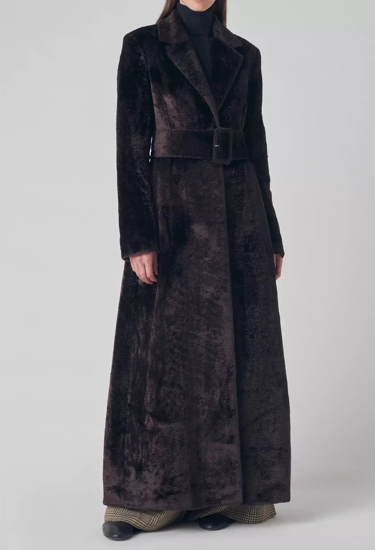 CO Long Coat in Faux Astrakhan Dark Brown
